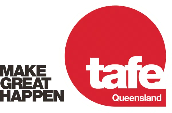 Logo with a large red circle containing white text that says "tafe Queensland."
