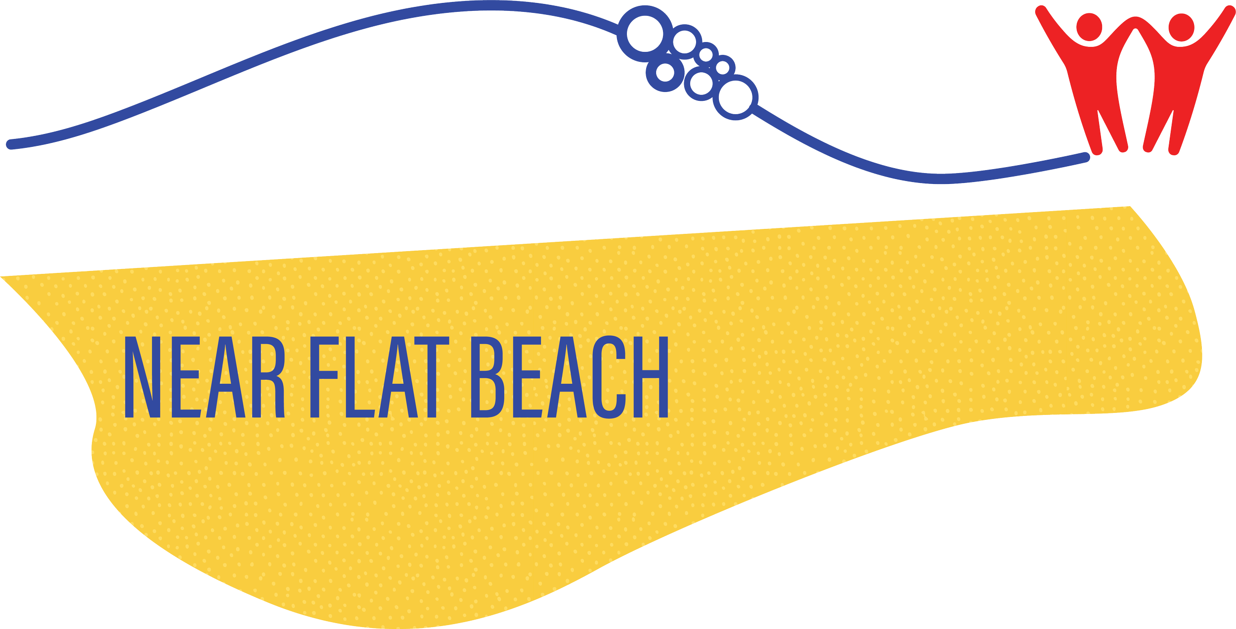 A colorful infographic with a wave-like blue top section with bubbles, red figures holding hands, and a yellow section with the text "NEAR FLAT BEACH".