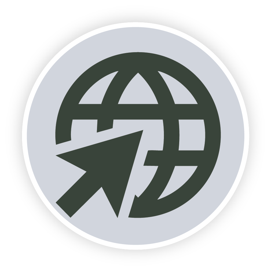 A gray, circular icon featuring a globe with latitude and longitude lines, overlaid with a globe pointer cursor.