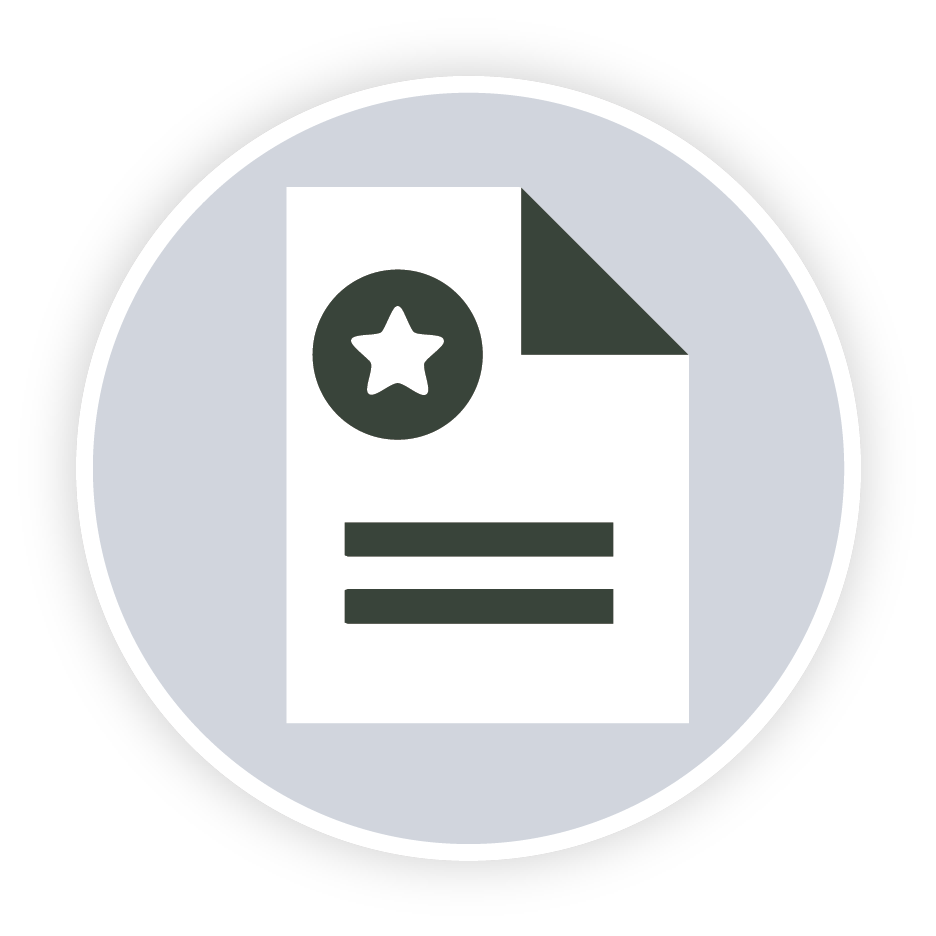 Icon of a document with a star badge and two lines of text, enclosed in a circle.