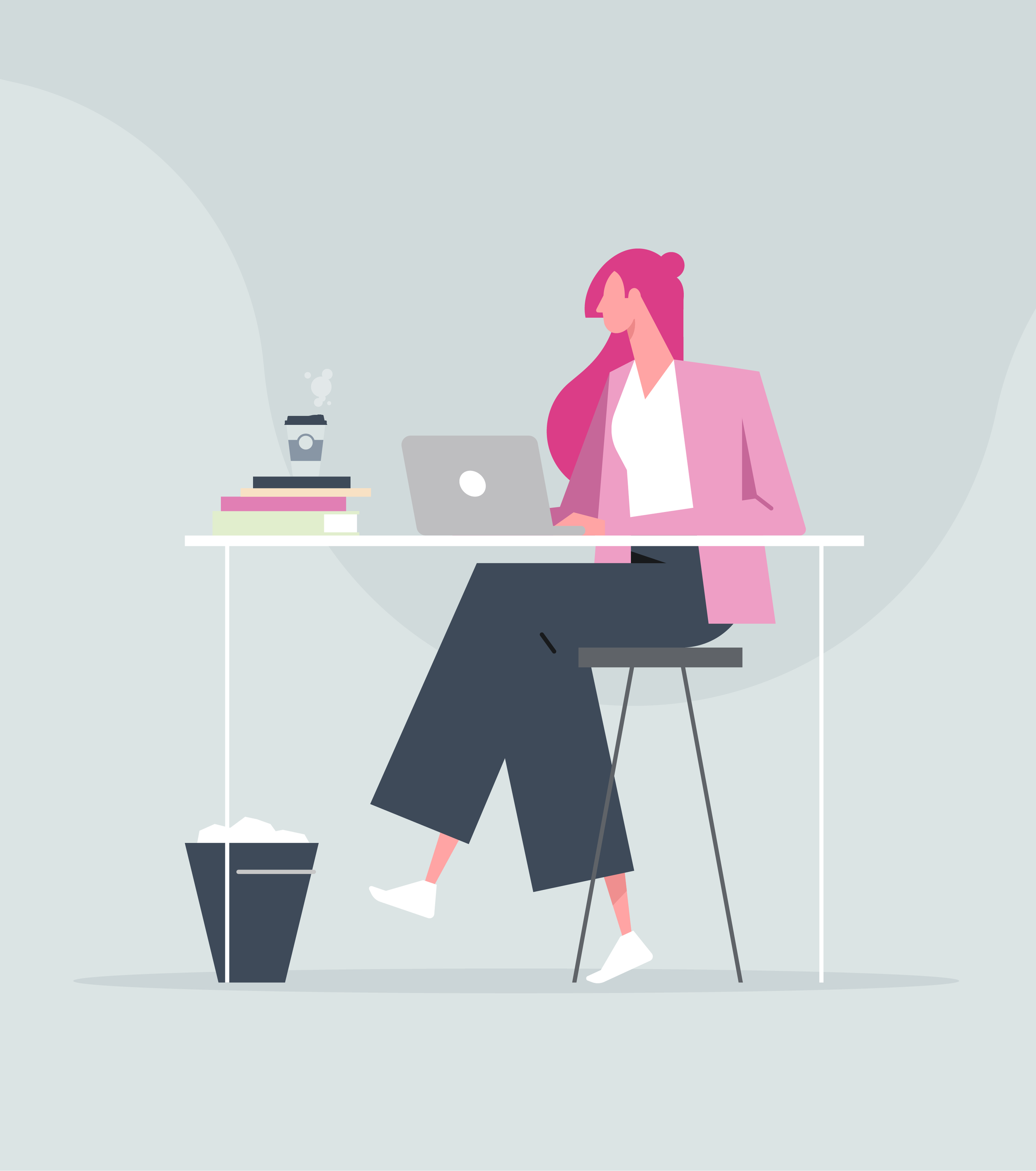 Illustration of a woman working at a desk with a laptop, stack of books, and a coffee cup, with a trash bin nearby.