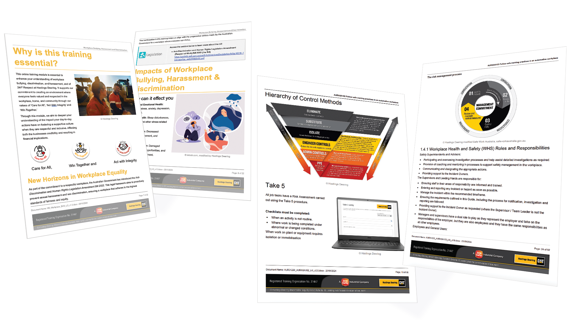 Collection of workplace safety training documents, including topics on workplace bullying, discrimination, hierarchy of control methods, and roles and responsibilities for workplace health and safety.