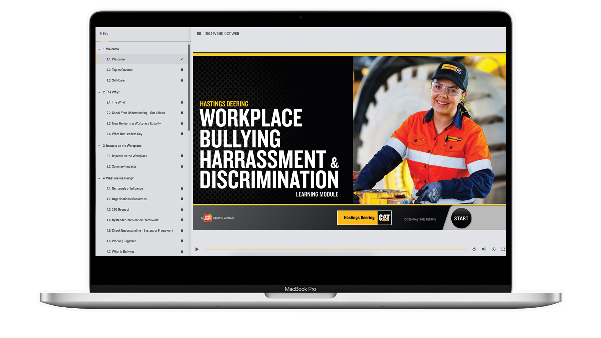 Laptop displaying safety training course on energy source isolation, showing two workers in orange safety gear near machinery, with instructional text emphasizing caution when isolating multiple energy sources.