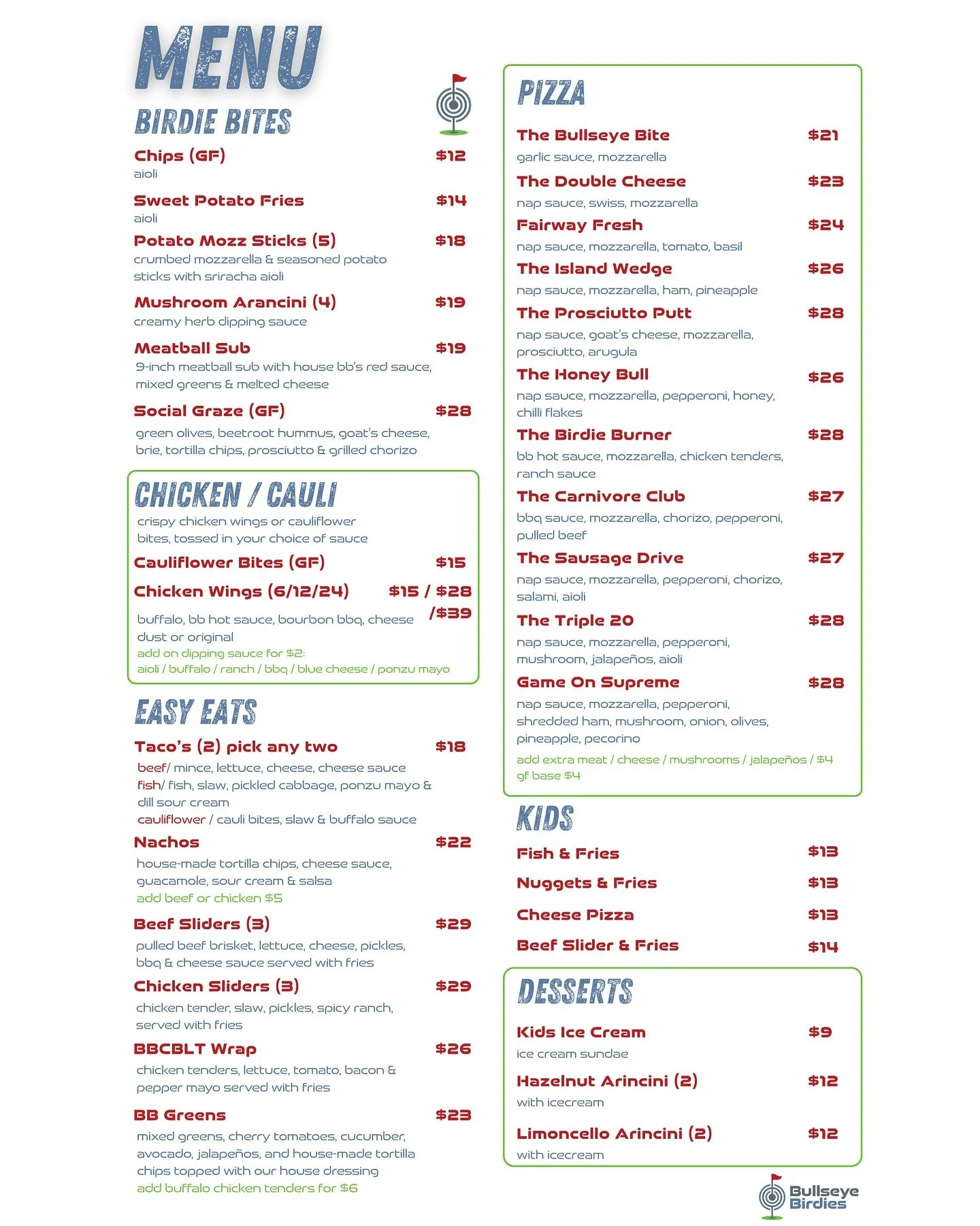 🔥MENU🔥

All made fresh daily @bullseyebirdies 
🥗🧀🫒🍔🌶️🍨

🗓️ Open Wednesday - Sunday 
⏰ 11am - 10pm
🏠 41 Chapman road, Geraldton

#bullseyebirdies #menu #geraldton #sportsbar #dartsee #golfsim #gameon