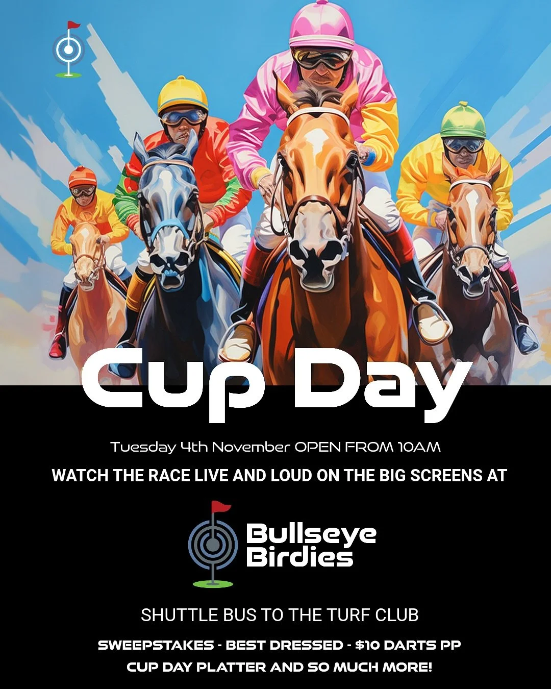 Less than 𝟭 𝗪𝗘𝗘𝗞 until Melbourne Cup 🥂 🏇

We have a 𝗛𝗨𝗚𝗘 day &amp; night planned @bullseyebirdies 🐎🎯🕺🍾🧀 

🚌 Shuttle bus to/from the Gero Turf club
🎯 $10 dart games pp
🏇 Sweepstakes
🍔 Charcuterie boards
🧀 Grazing platters
🍹 Cockt