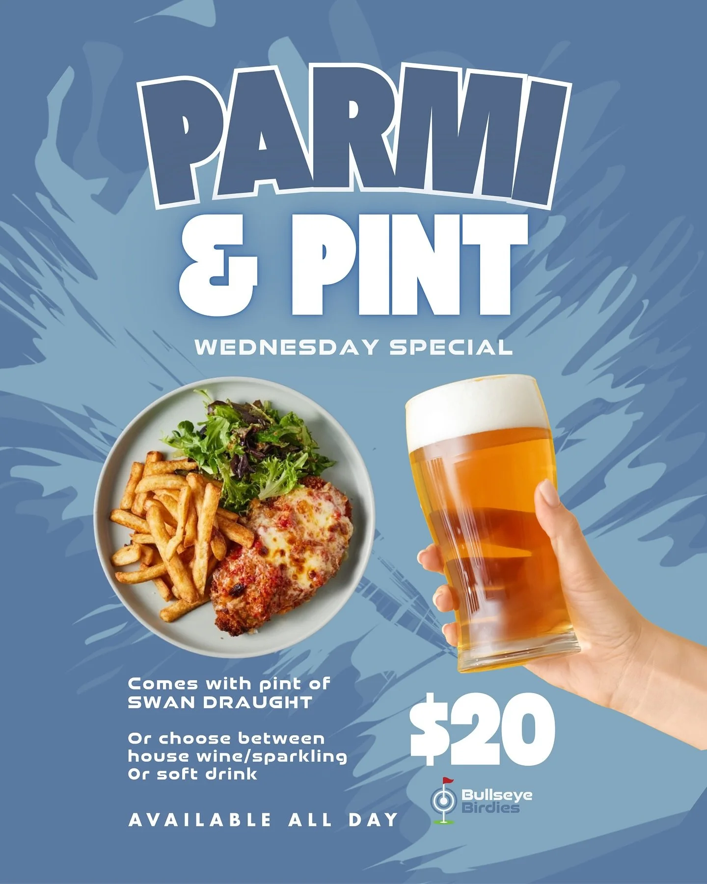 🎊 𝗡𝗘𝗪 𝗦𝗣𝗘𝗖𝗜𝗔𝗟𝗦 🎊

🐔 𝗣𝗔𝗥𝗠𝗜 &amp; 𝗣𝗜𝗡𝗧 - $20
Every Wednesday
Enjoy a classic chicken parmi served with your choice of:
🍺 Swan Draught
🍷 House wine or sparkling
🍋 Soft drink
💰 $3 upgrade for any other beer 

🐟 𝗙𝗜𝗦𝗛 &amp; 