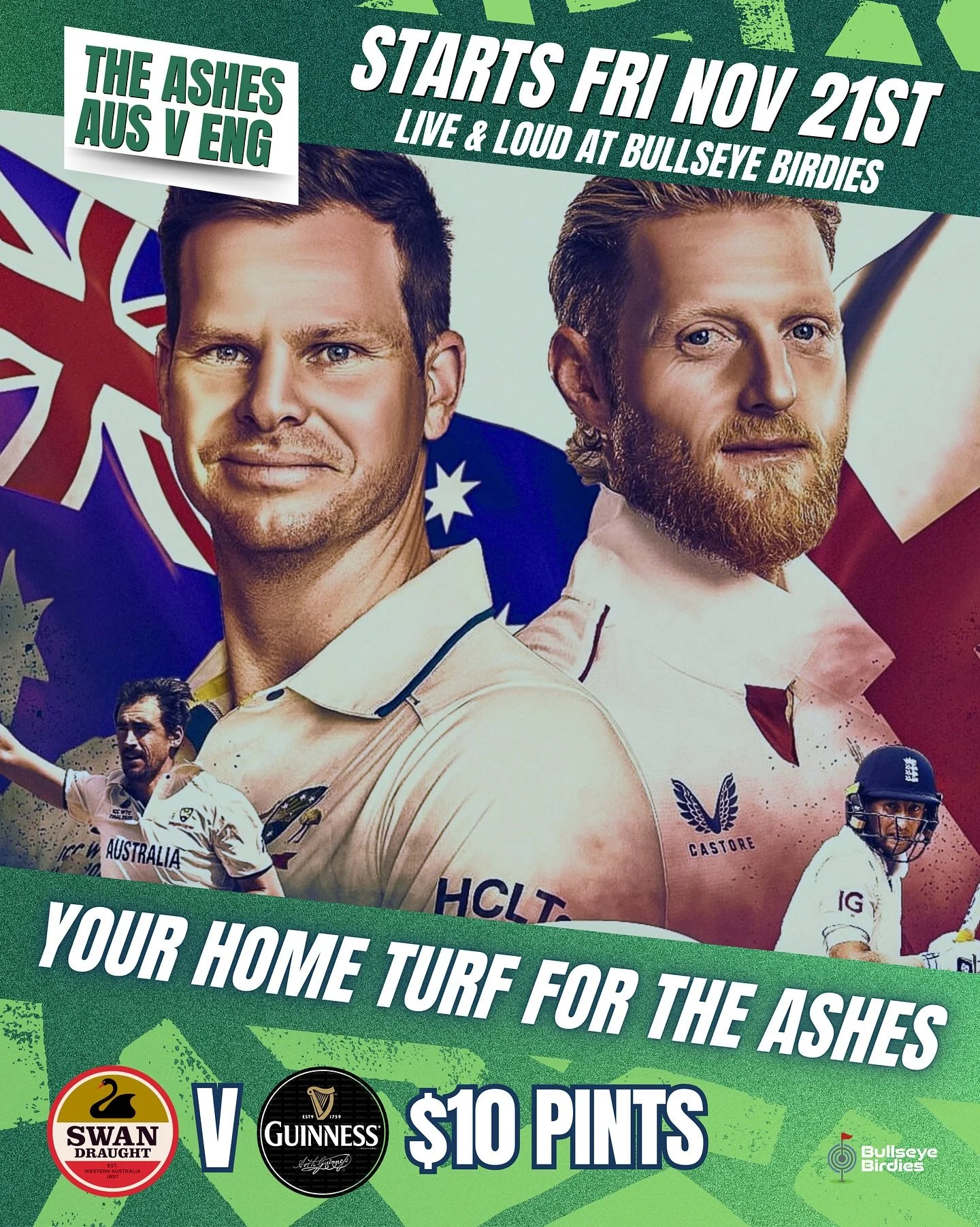𝗧𝗛𝗘 𝗔𝗦𝗛𝗘𝗦 starts this Friday 🇦🇺🏏🍺

To celebrate, we are opening early for the first day of play at 10am to catch the first ball of the series 💪🏟️

🍻 $10 PINTS of Swan Draught &amp; Guinness available every minute of gameplay

LIVE &amp