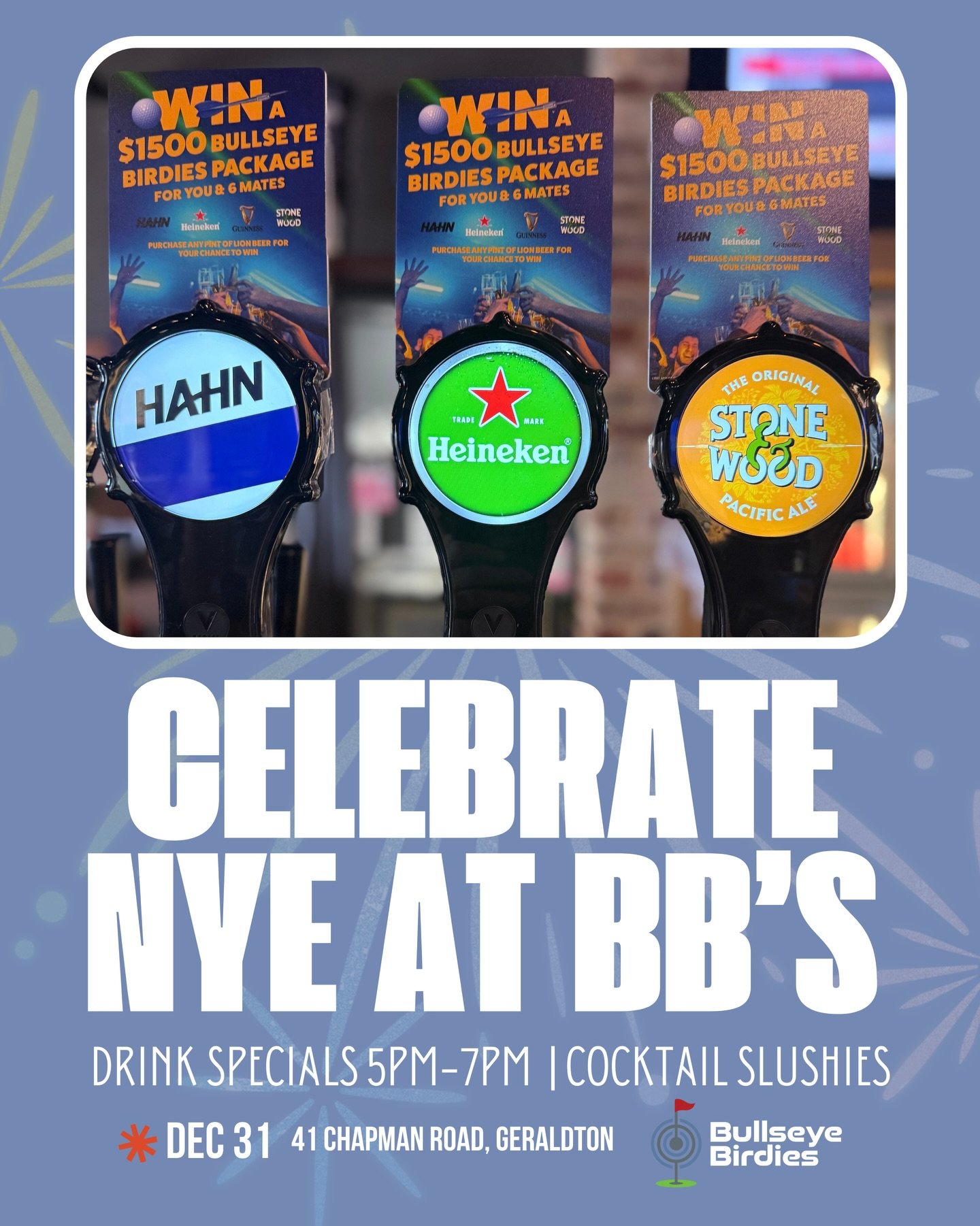 🎆 𝗡𝗬𝗘 𝗔𝗧 𝗕𝗕&rsquo;𝗦 🎆

Come and celebrate the final day of the year with a few rounds of golf, darts, drink specials, cocktail slushies, beer towers and some delicious food ⛳️🎯🍺🍔🍸

🍺 HAPPY HOUR FROM 5PM-7PM
🍸 COCKTAIL SLUSHIES
☀️ OPEN