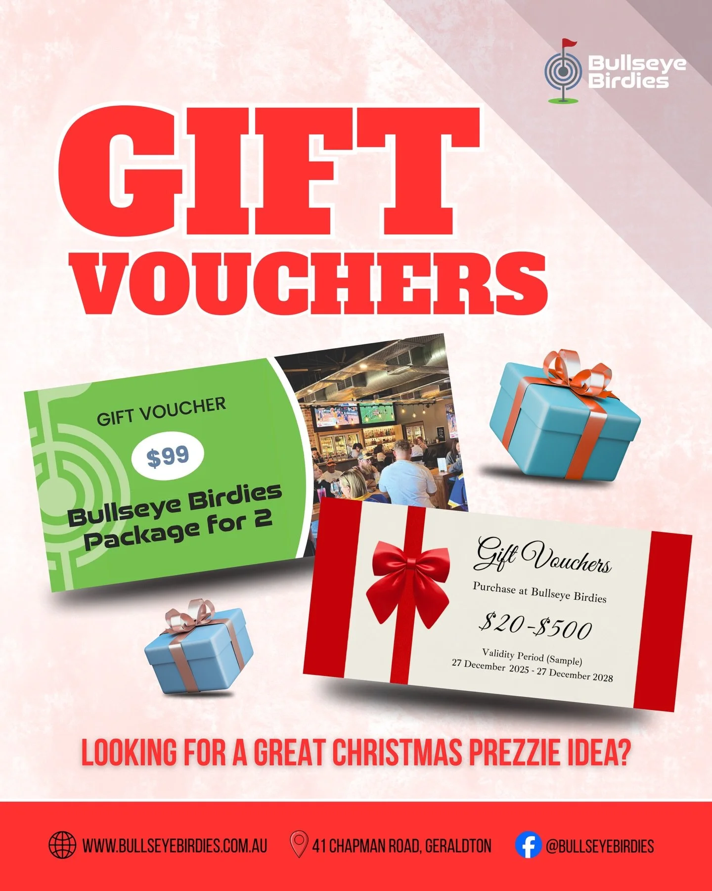 🎉 𝗚𝗜𝗙𝗧 𝗩𝗢𝗨𝗖𝗛𝗘𝗥𝗦 🎉

Want to give someone a unique experiential gift that doesn&rsquo;t break the bank? Then our BBs Package for 2 is for you 🫵

$𝟵𝟵 𝗕𝘂𝗹𝗹𝘀𝗲𝘆𝗲 𝗕𝗶𝗿𝗱𝗶𝗲𝘀 𝗣𝗮𝗰𝗸𝗮𝗴𝗲 𝗳𝗼𝗿 𝟮 𝗶𝗻𝗰𝗹𝘂𝗱𝗲𝘀:
🎯 1 hr Dar