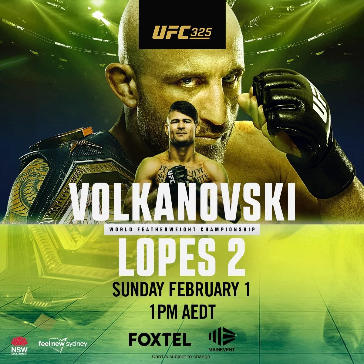 🥊 UFC 325 &ndash; LIVE &amp; LOUD 🥊

𝗩𝗼𝗹𝗸𝗮𝗻𝗼𝘃𝘀𝗸𝗶 🆚 𝗟𝗼𝗽𝗲𝘀 𝟮 for the World Featherweight Championship 🏆

📅 Sunday February 1st
⏰ From 10AM (WA)
📺 Showing LIVE @bullseyebirdies 

COLD drinks, BIG screens - Don&rsquo;t miss it 🔥🍻
