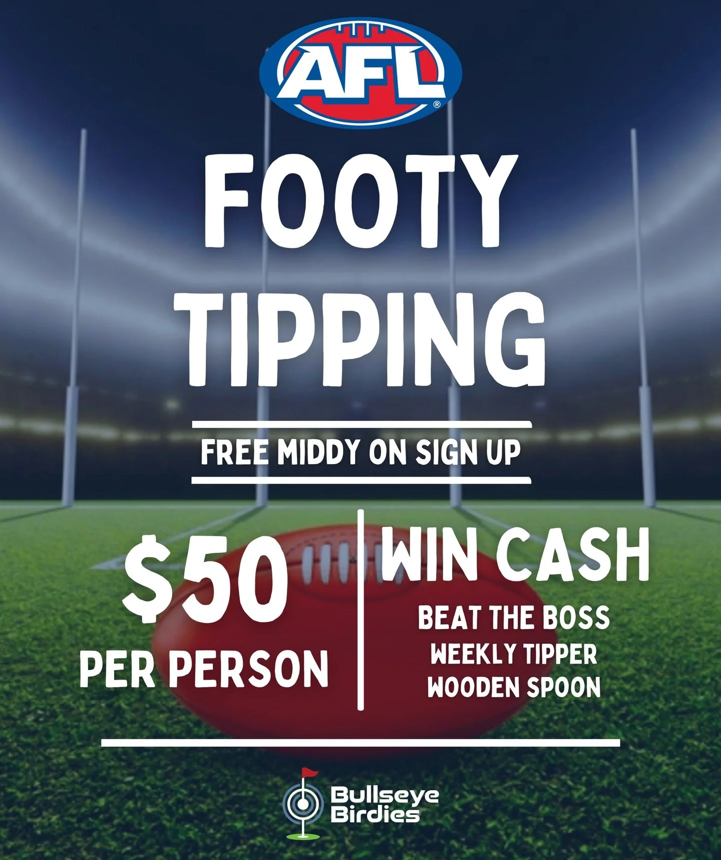 🏆 𝗙𝗢𝗢𝗧𝗬 𝗧𝗜𝗣𝗣𝗜𝗡𝗚 🏆

Footy season is here - and so is your chance to tip, win and brag all year long 🙌

What&rsquo;s included:
🍺 FREE middy on sign up
💰 $50 entry per person (cash only)
🏆 Win cash &amp; prizes
👊 Beat The Boss challen
