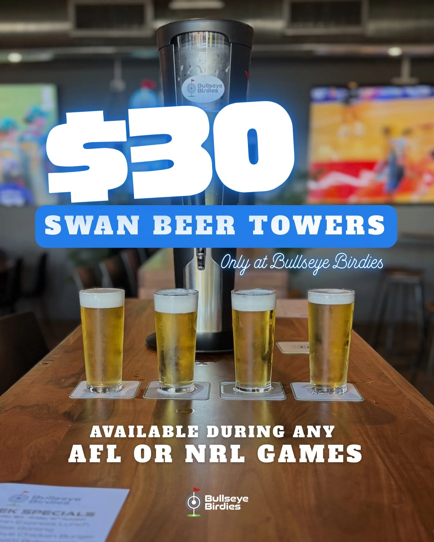 🍺 $𝟯𝟬 𝗕𝗘𝗘𝗥 𝗧𝗢𝗪𝗘𝗥𝗦 🍺

Grab a Swan Beer Tower for 𝗢𝗡𝗟𝗬 $𝟯𝟬 while you catch all the AFL &amp; NRL action LIVE &amp; LOUD at BB&rsquo;s 🏉🏟️🍻

🍺 Swan Beer Towers - $30
🏉 Available during all AFL &amp; NRL games 
📍 Only @bullseyeb