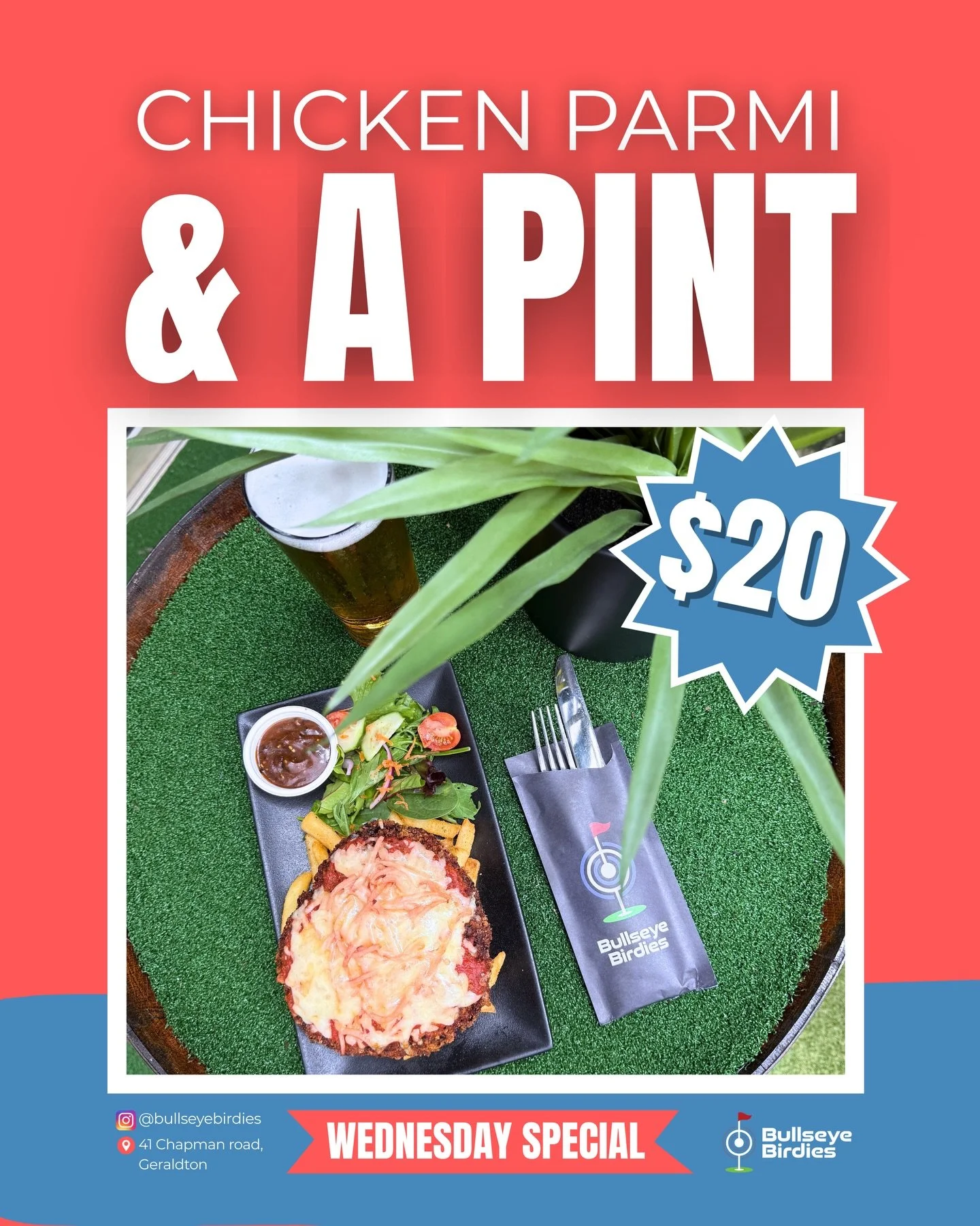 Chicken PARMI &amp; PINT for ONLY $20 🍺🐓🍟

🤤 Midweek has never tasted this good

Tag your Parmi partner below 👇

Available EVERY WEDNESDAY @bullseyebirdies 

#parmi #letsgo #bullseyebirdies #visitgeraldton #gameon