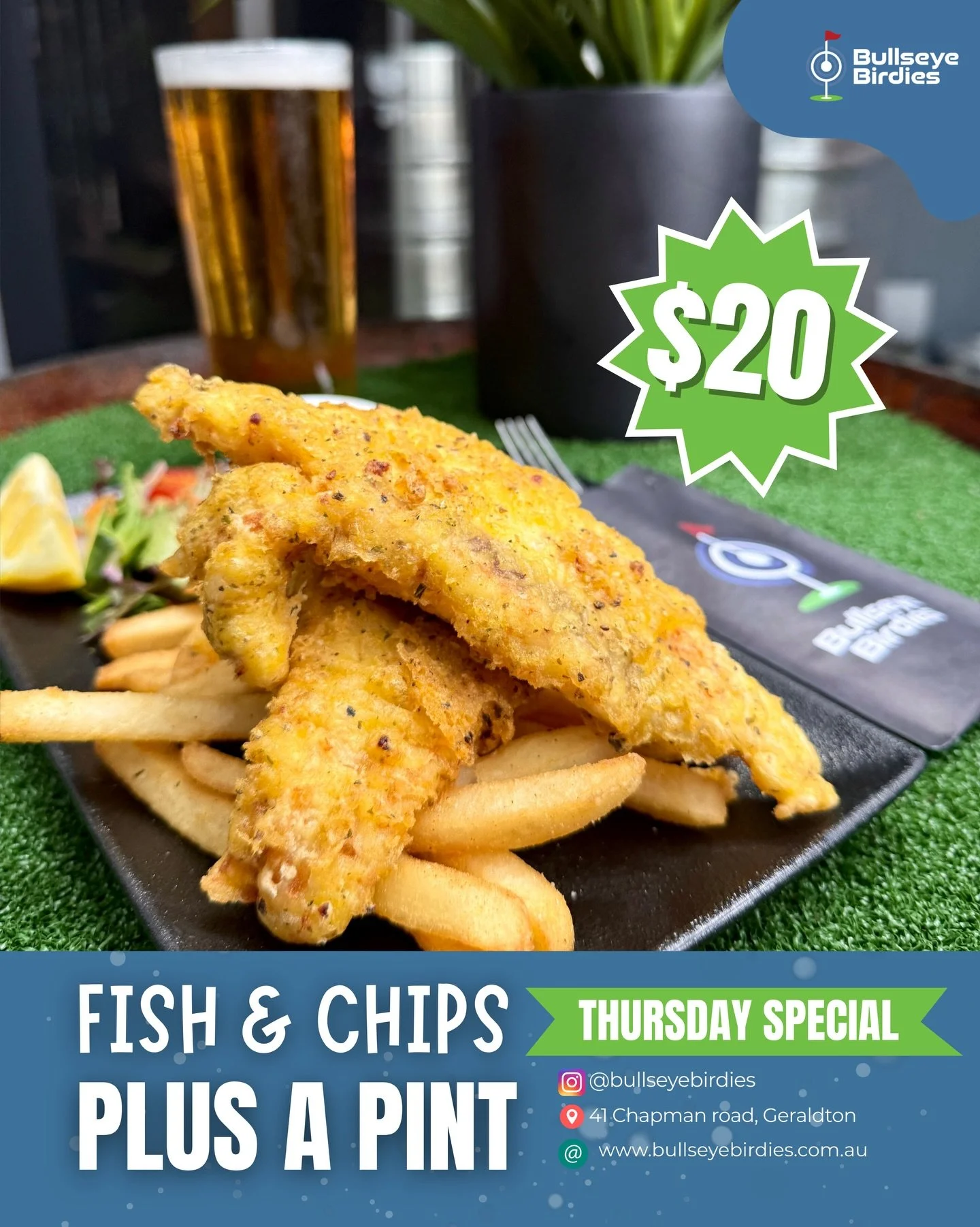 Thursday plans = SORTED ✅

Crispy, golden fish &amp; chips, washed down with a pint for ONLY $20 🤝

Say less.

Available every Thursday @bullseyebirdies 🎯⛳️

#fishandchips #bullseyebirdies #geraldton #visitgeraldton