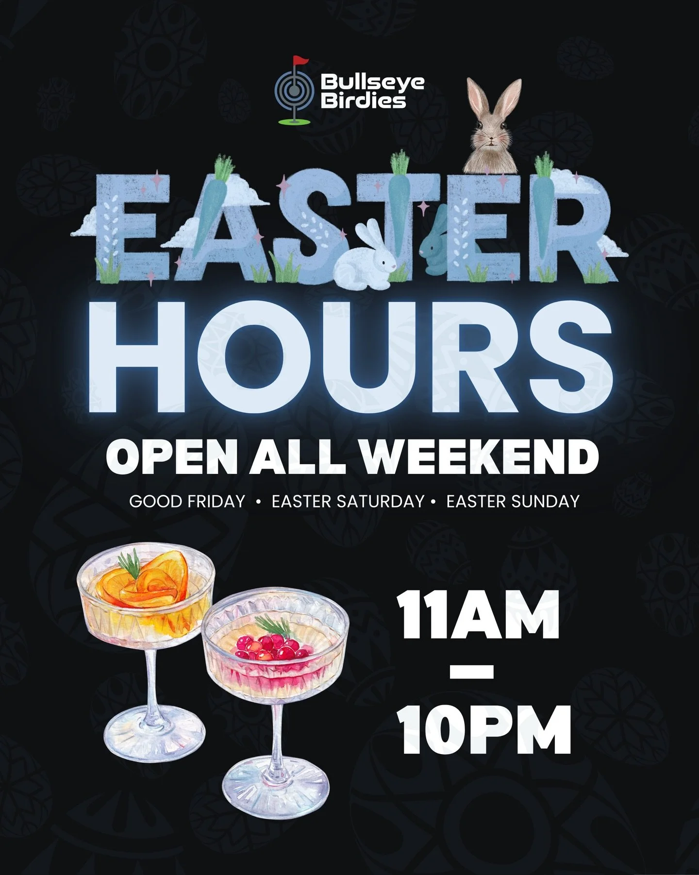 Easter plans start here ✅ We&rsquo;re OPEN all weekend @bullseyebirdies 🐣🍕🍺 

Good Friday deals:
🍹 $14 Sundowner cocktails 3pm-5pm
🍻 Happy Hour 5-6pm
🍽️ $15 Express Lunch (11:30am-2pm)
🍕 Spicy Buffalo Chicken - pizza of the month 
🍸 French Ma