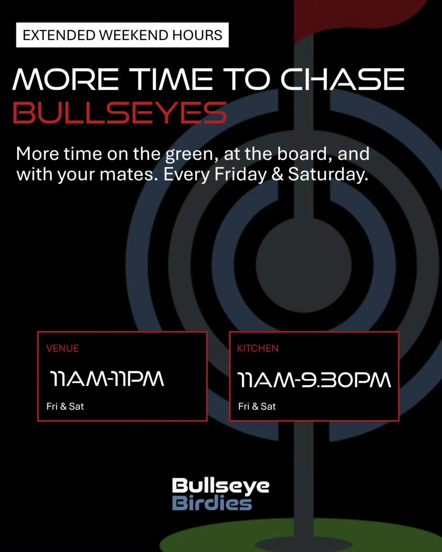 🎯An announcement to make your weekend!🎯

Bullseye Birdies Trading hours have extended.

Doors open Friday &amp; Saturday 11.00am - 11.00pm with the kitchen open until 9.30pm (including UberEats!)

See you this weekend for even more BB's action.