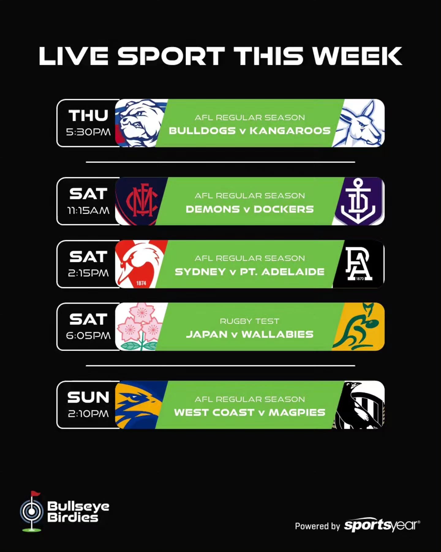 Which game are you coming down for? 

LIVE SPORTS 🎯 COLD BEER 🎯 GOOD VIBES 

📍Bullseye Birdies, Geraldton 

#afl #livesports #Geraldton