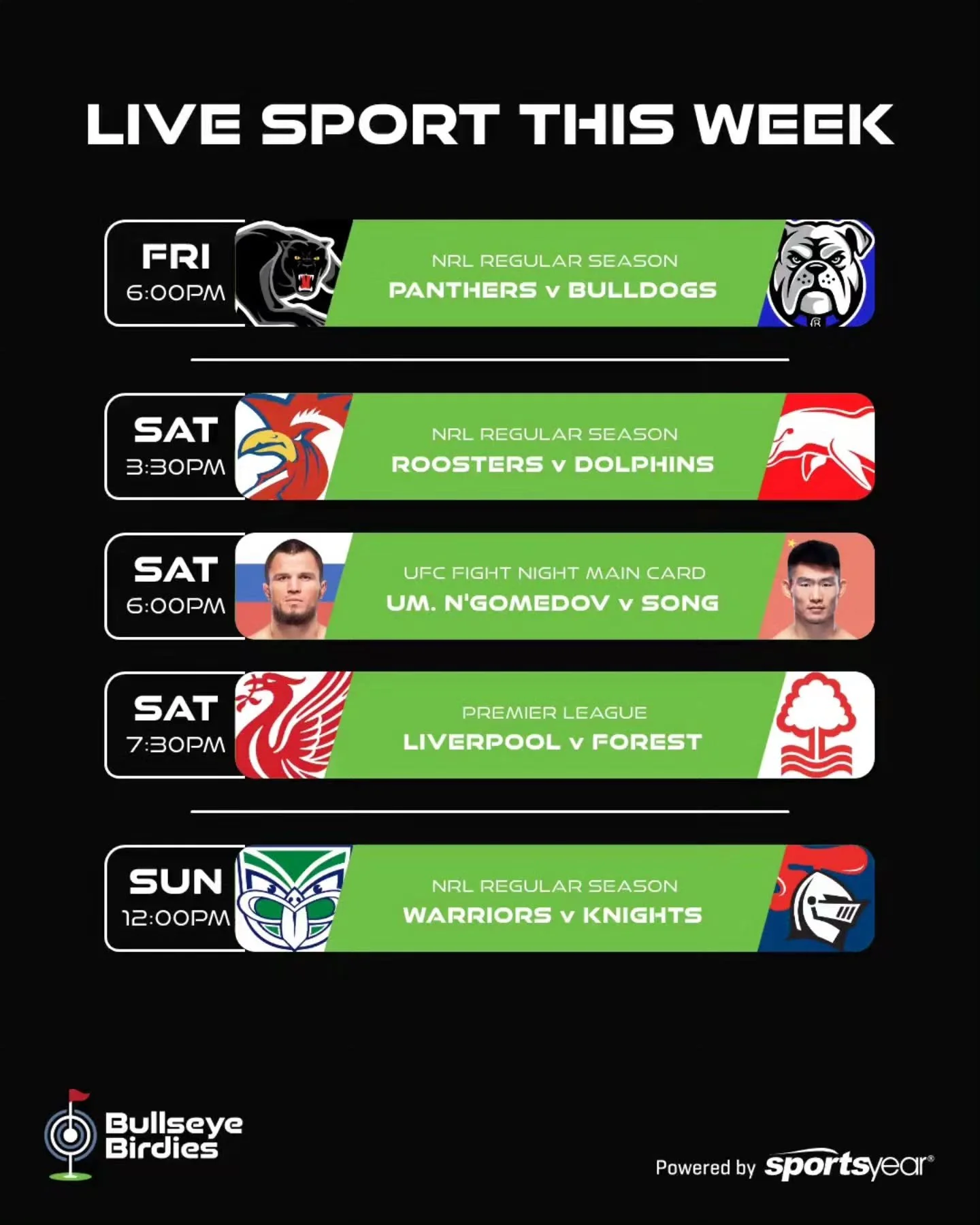 A weekend of LIVE SPORTS 🏈🥊

Which game are you heading down for? 🍻

📍Bullseye Birdies, Geraldton 

#livesports #afl #ufc #Geraldton
