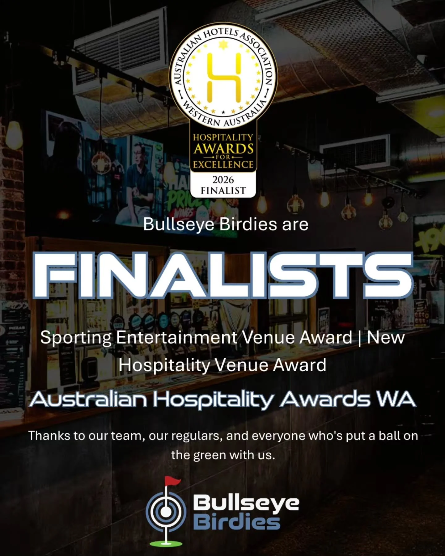 Thanks to our team, our regulars, and everyone who's put a ball on the green with us! ⛳️

Bullseye Birdies are finalists in the AHA awards for Sporting Entertainment Venue Award and New Hospitality Venue Award. 

#Geraldton #bullseyebirdies #australi