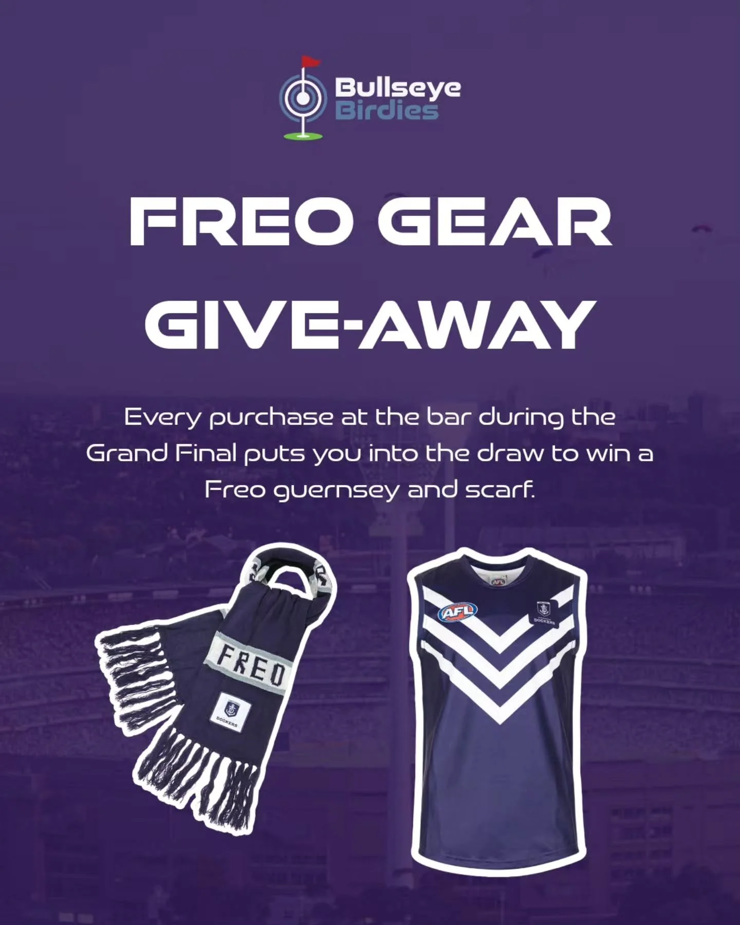 Grab your raffle ticket with every purchase during Saturday's Grand Final for your chance to win some epic Freo gear! ⚓️

Have youu booked a table yet? 👇
https://bullseyebirdies.com.au/

#freo #Geraldton #grandfinal