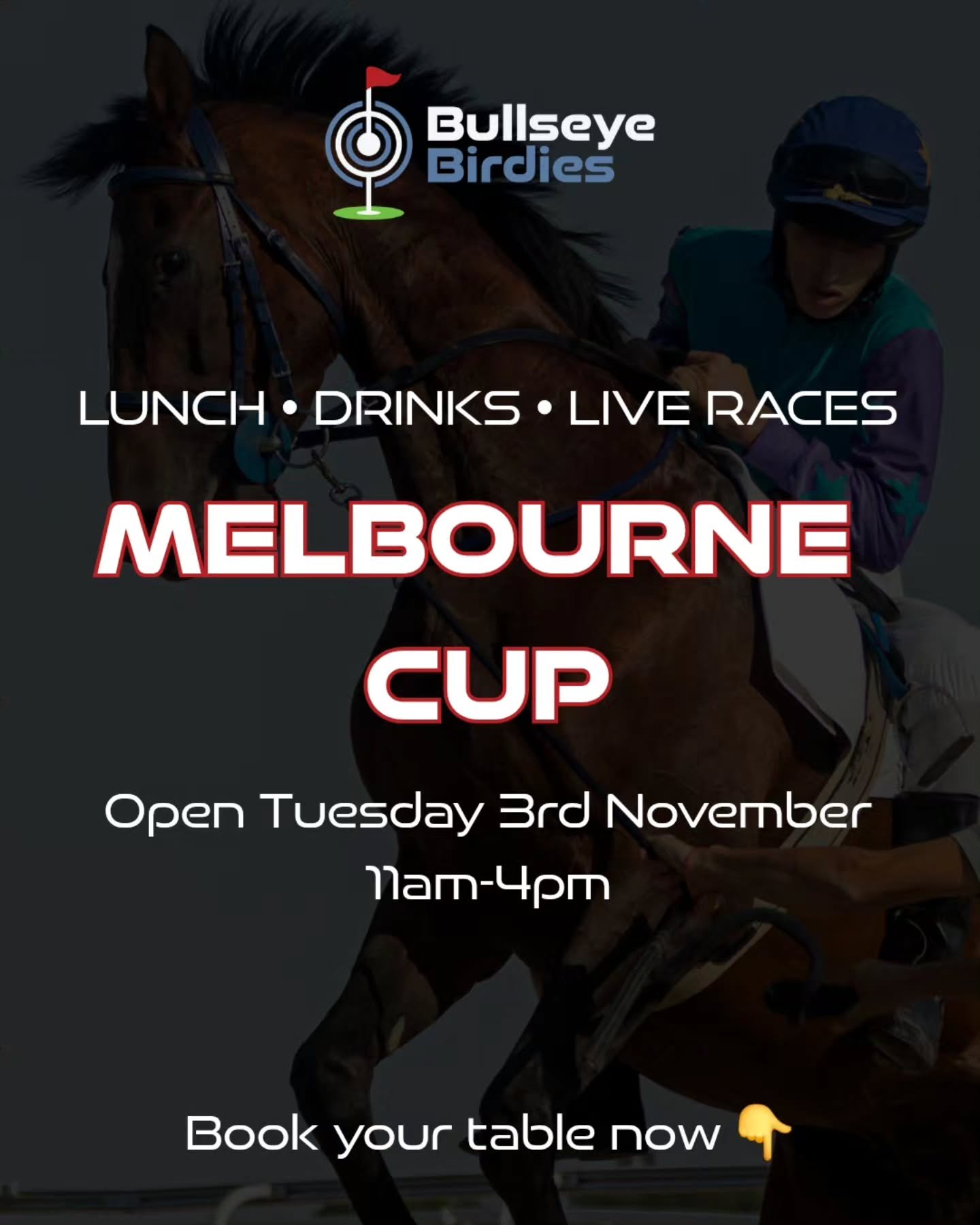 🐴OPEN FOR MELBOURNE CUP🐴

11AM-4PM Tuesday 3rd November 

Join us for the big race or grab a feed and some drinks before heading to the Geraldton Races!🏆

Book a table today 👇
https://bullseyebirdies.com.au/