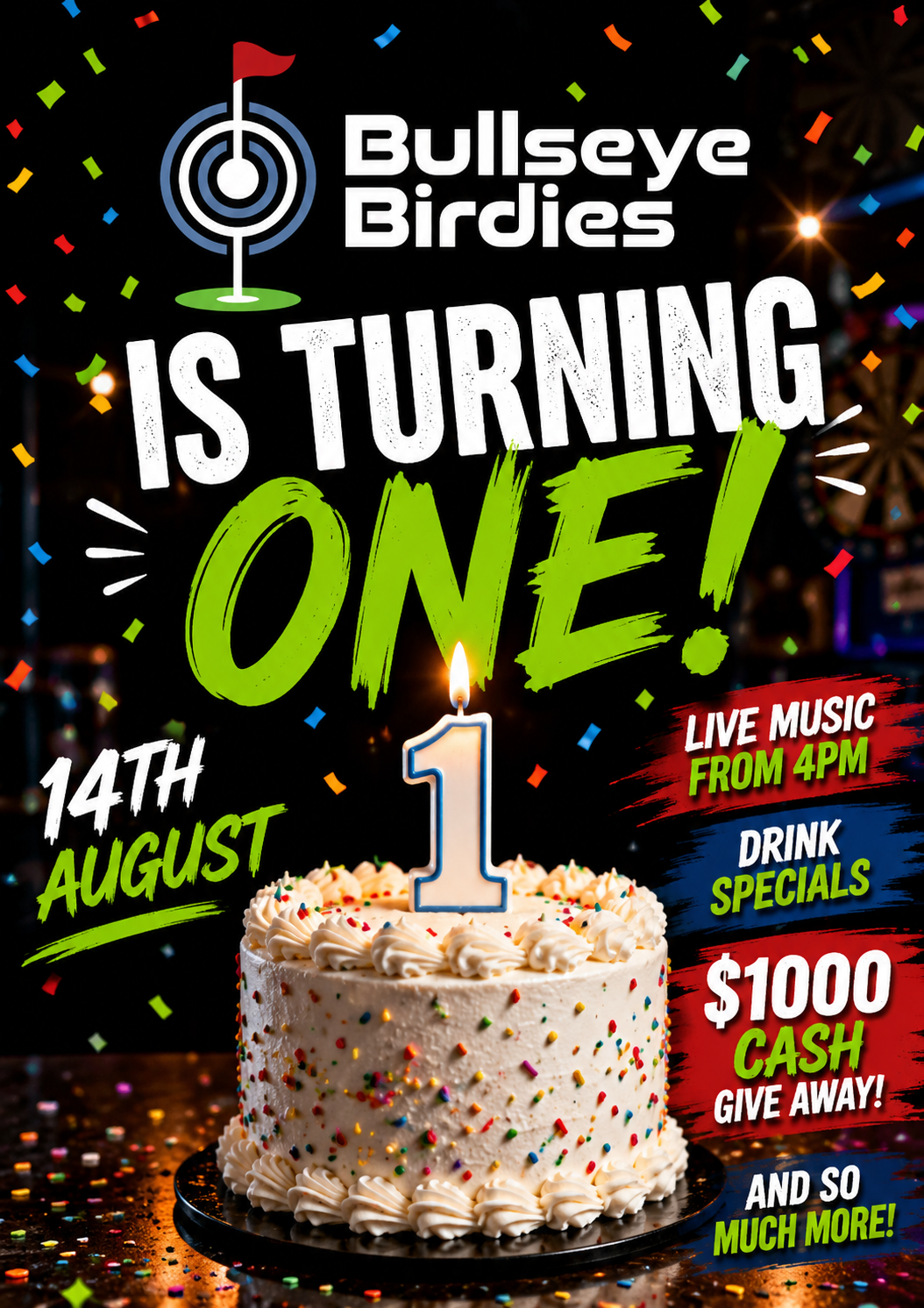 Bullseye Birdies is turning ONE! Come on down and celebrate with us, its gonna be action packed! ⛳️🎯