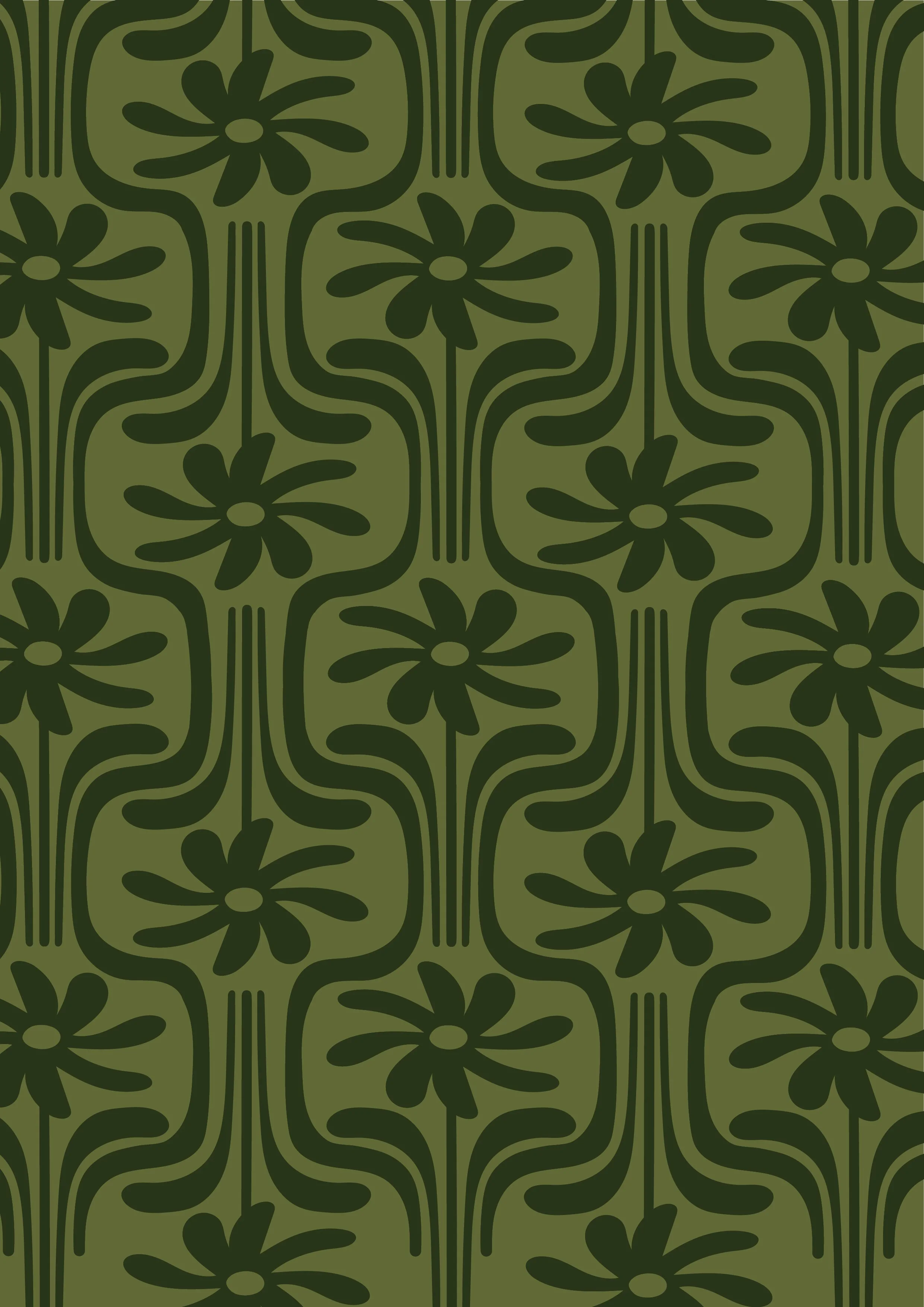 A repeating geometric floral pattern with dark green flowers and curved lines on an olive green background.