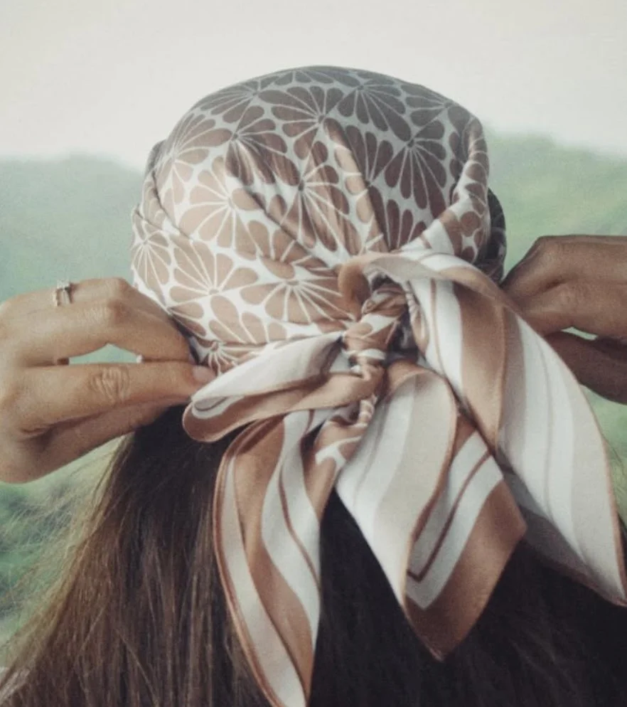 Terra bandana up close being tied on head