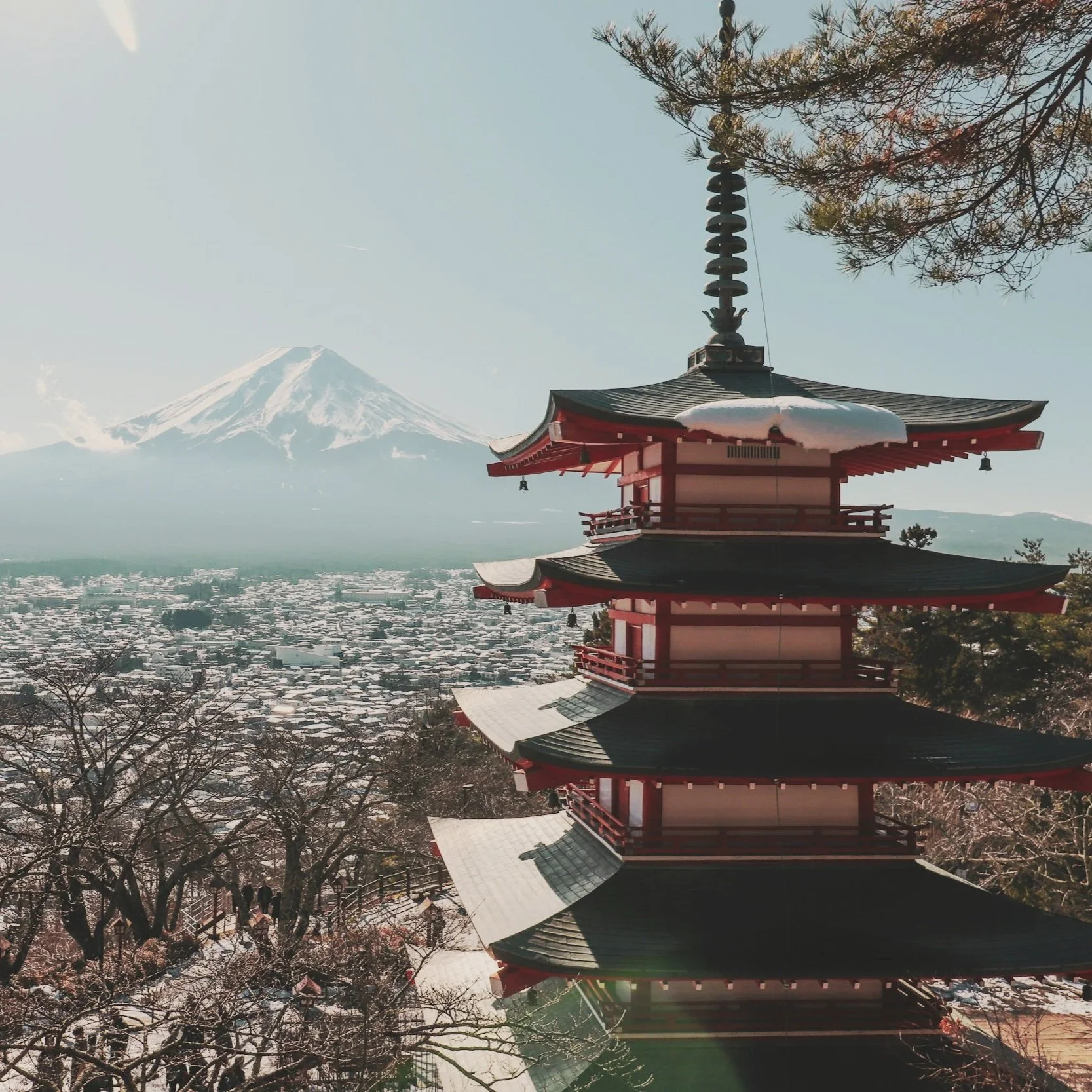 Mount Fuji with snow-capped peak under a clear sky in Japan