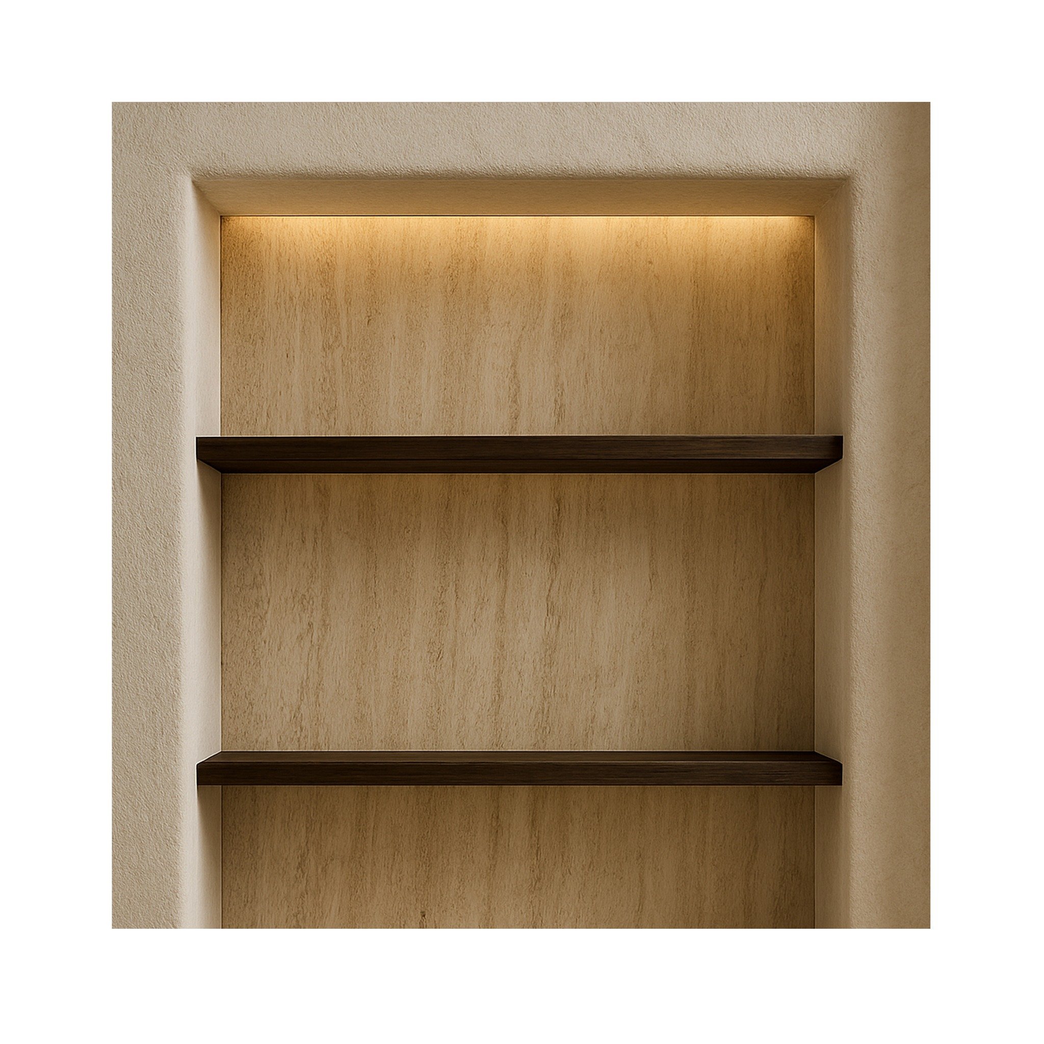 Elevated simplicity. Sculptural harmony.
Discover the essence of contemporary Italian interior design—where travertine stone, natural plaster, and custom wood shelving create a dialogue of textures.
This built-in niche is more than storage&md