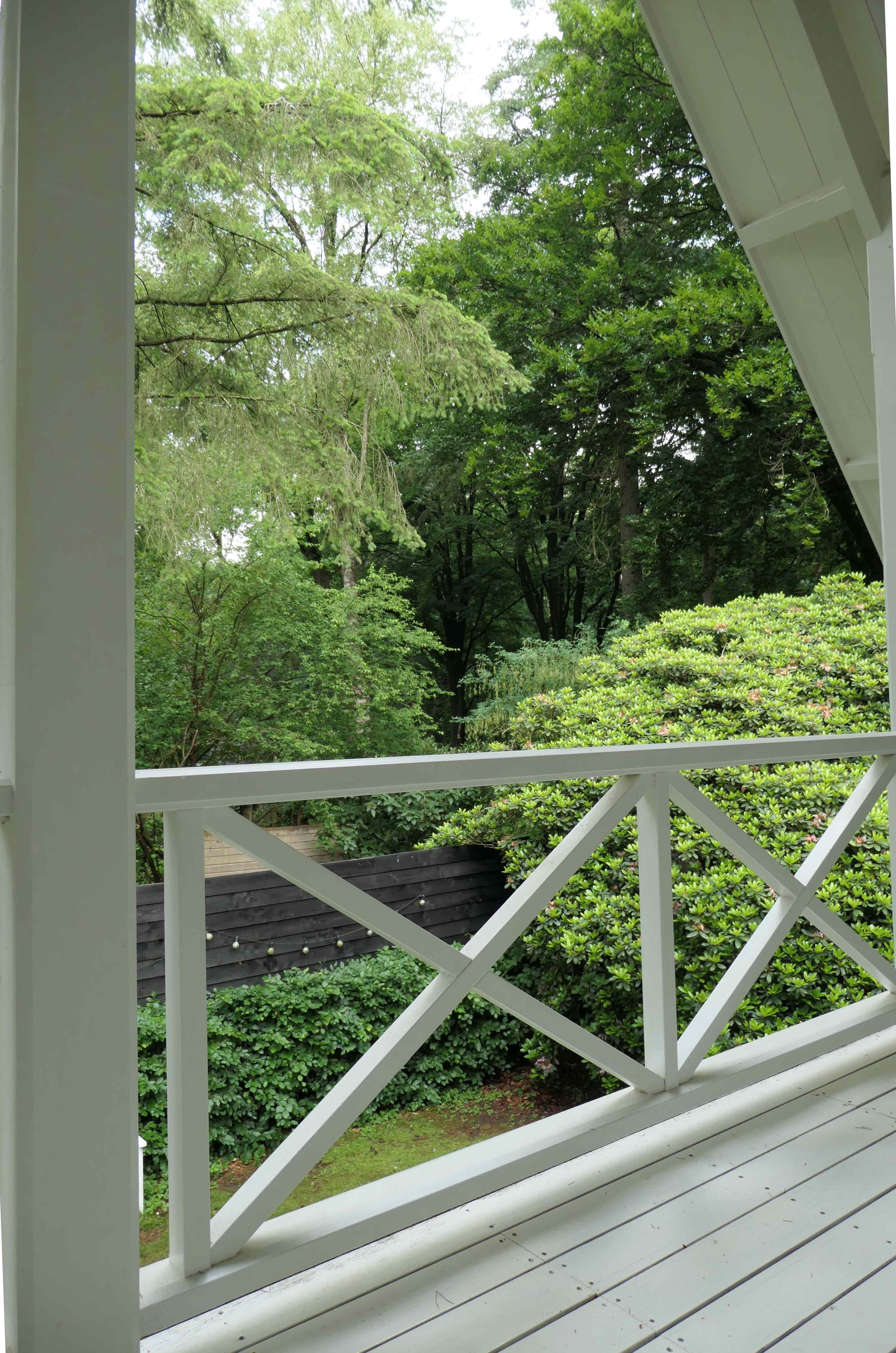 View from a porch balcony overlooking lush green trees and bushes with a black wooden fence and string lights.