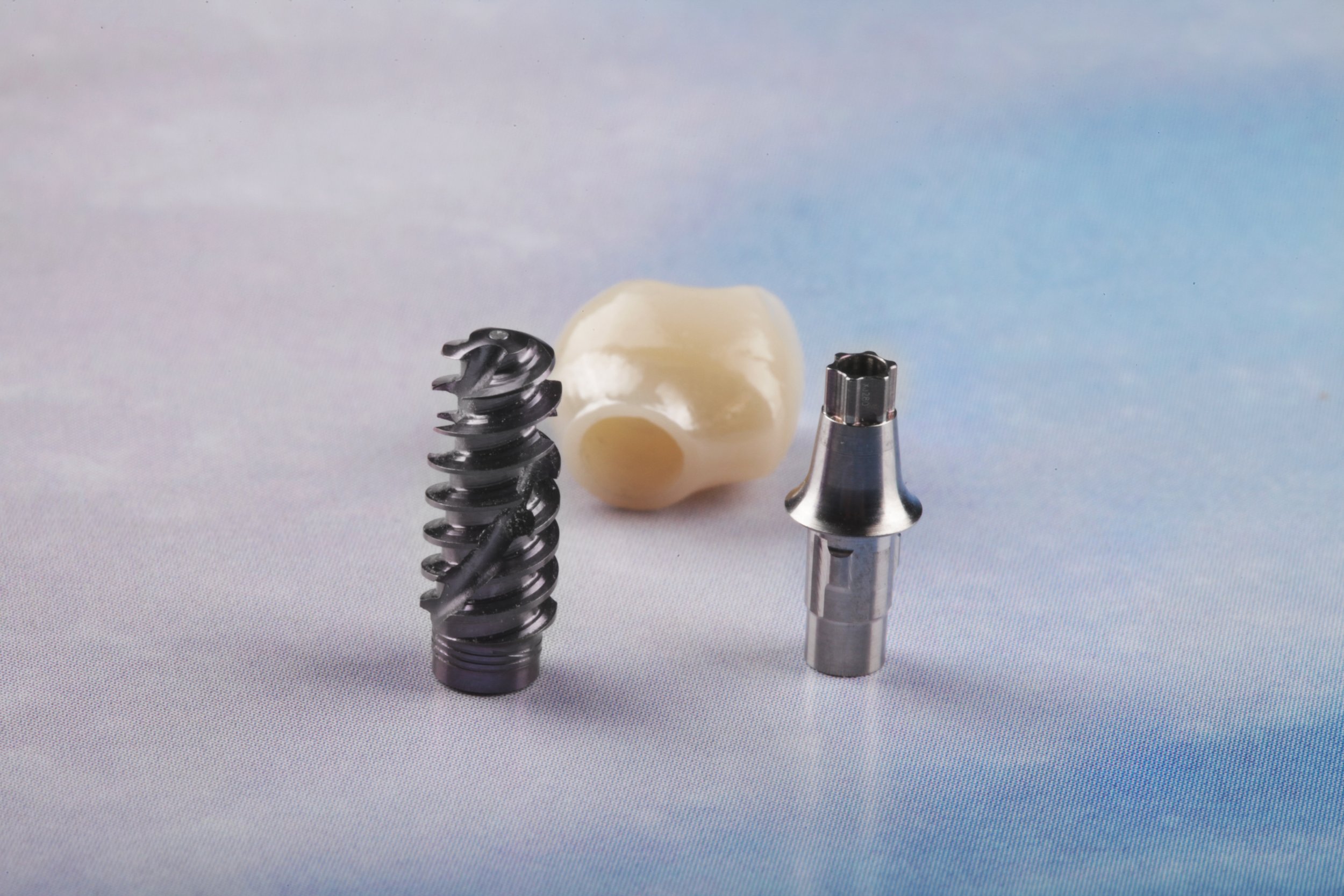 Dental implant components including a black screw, a ceramic tooth crown, and a metallic abutment on a white background.