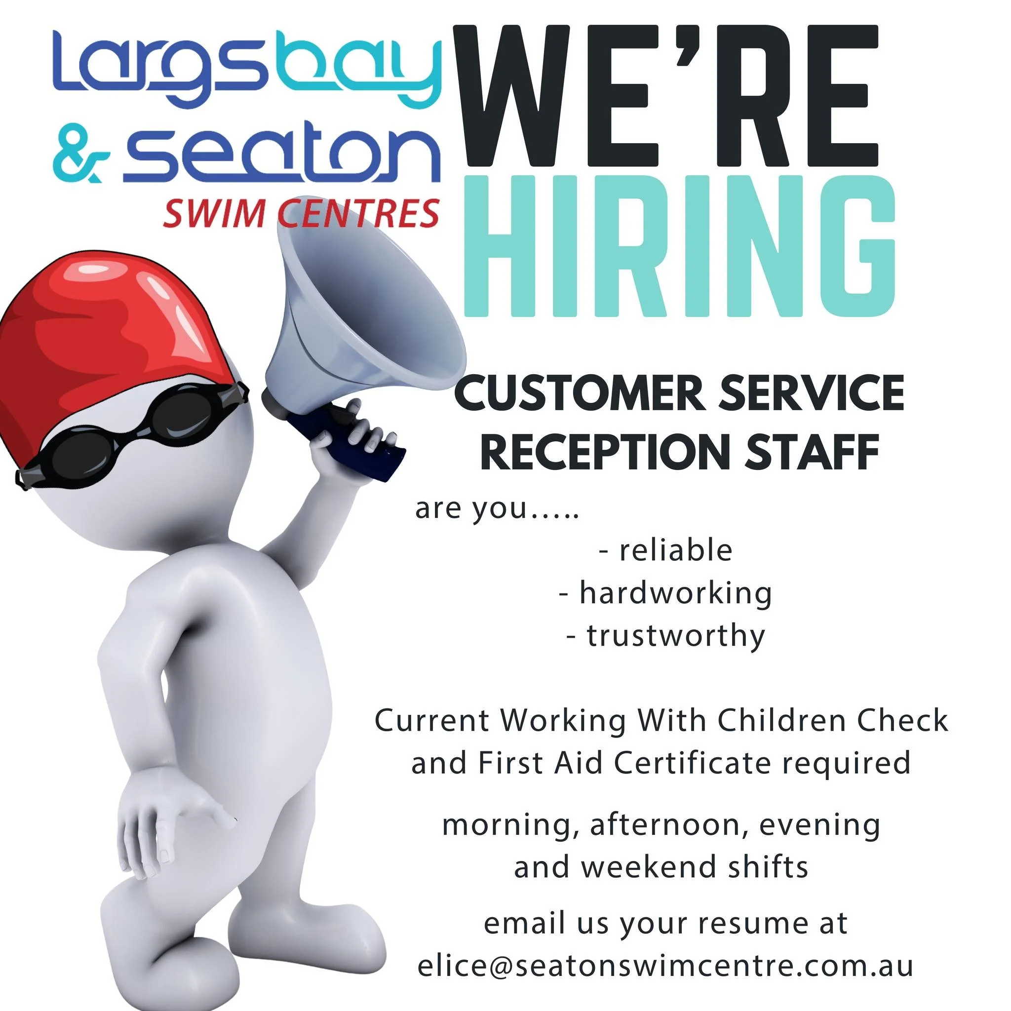 🥽 🏊🏽&zwj;♀️ JOB OPPORTUNITY 

Work with the amazing crew at Seaton/Largs Bay Swim Centres 🤩

Apply now to join the customer service reception staff team. Morning, afternoon, evening and weekend shifts available. 

Must have WWCC and First Aid Cer