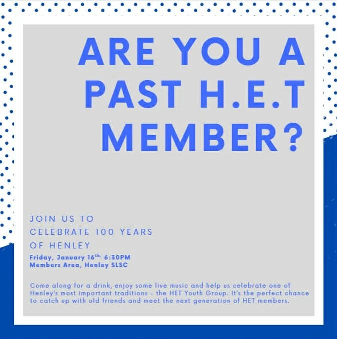 📢 H.E.T CALLOUT 

Are you a past H.E.T member? 

As part of Henley&rsquo;s 100th year celebrations, we&rsquo;re inviting all past and present HET youth group members to join us for a night of memories, music and mateship!

📅 Friday 16th January
🕡 