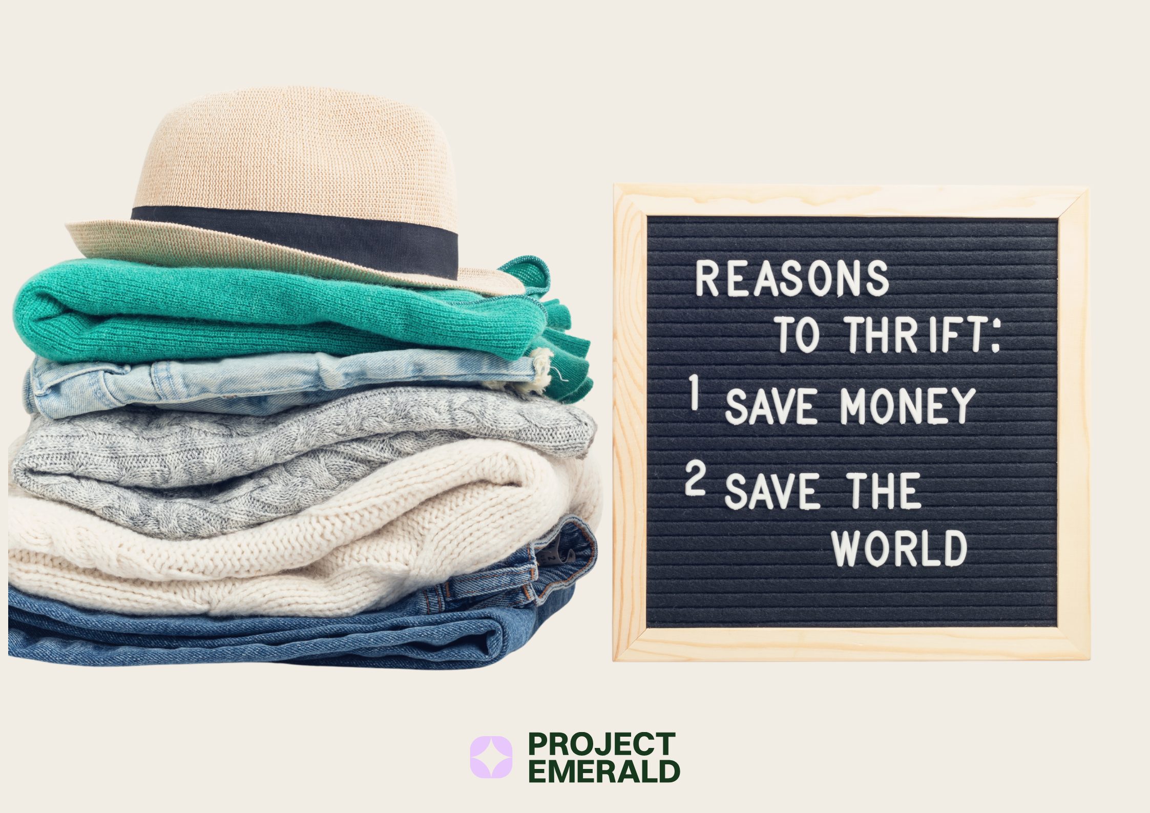 Stack of secondhand clothes with a hat next to a letter board reading 'Reasons to Thrift: 1 Save Money 2 Save the World' with Project Emerald logo, promoting sustainable fashion, thrifting, and buying and selling quality secondhand in Australia