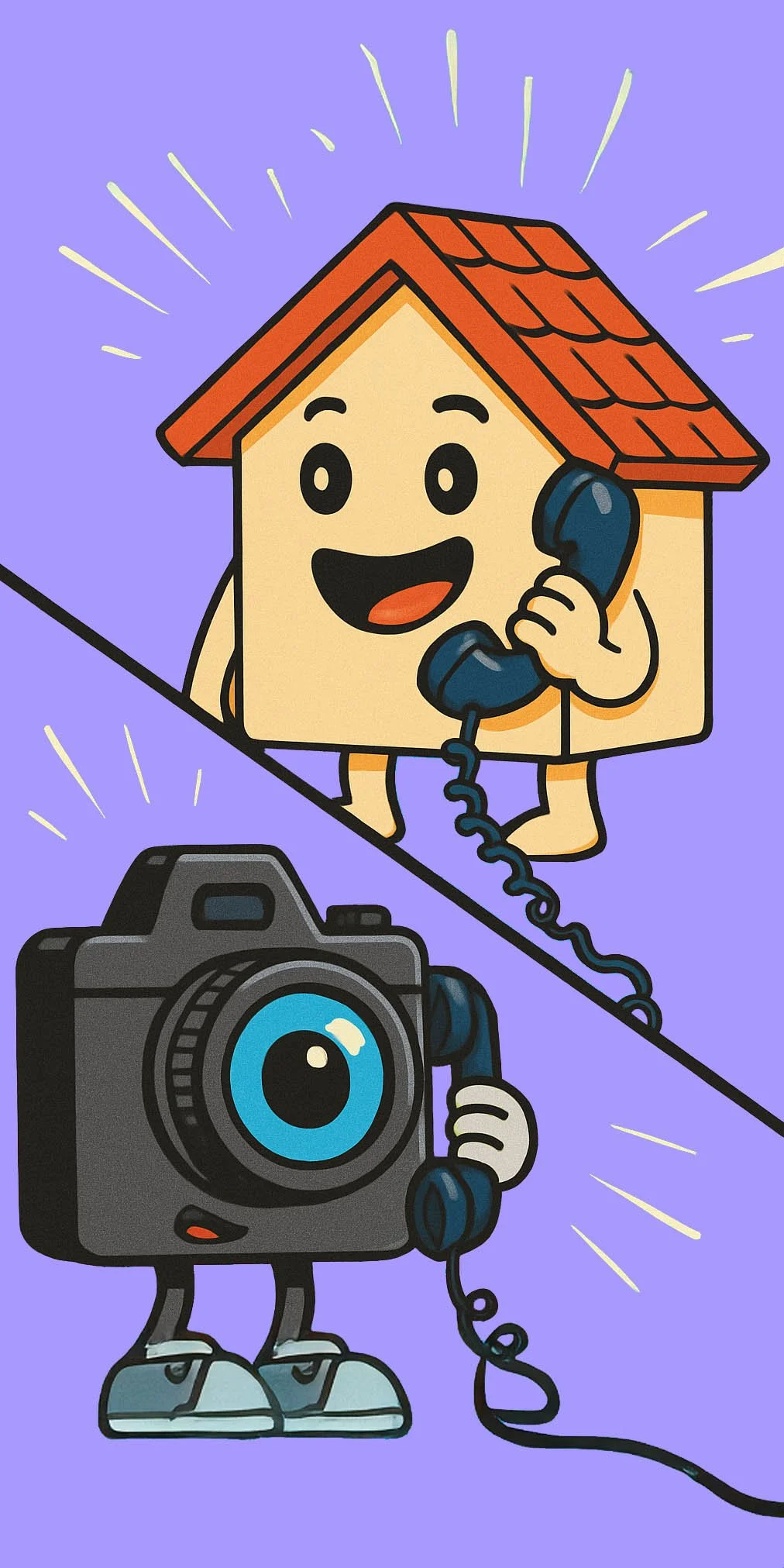 Een ludieke afbeelding van een huis dat naar een camera belt