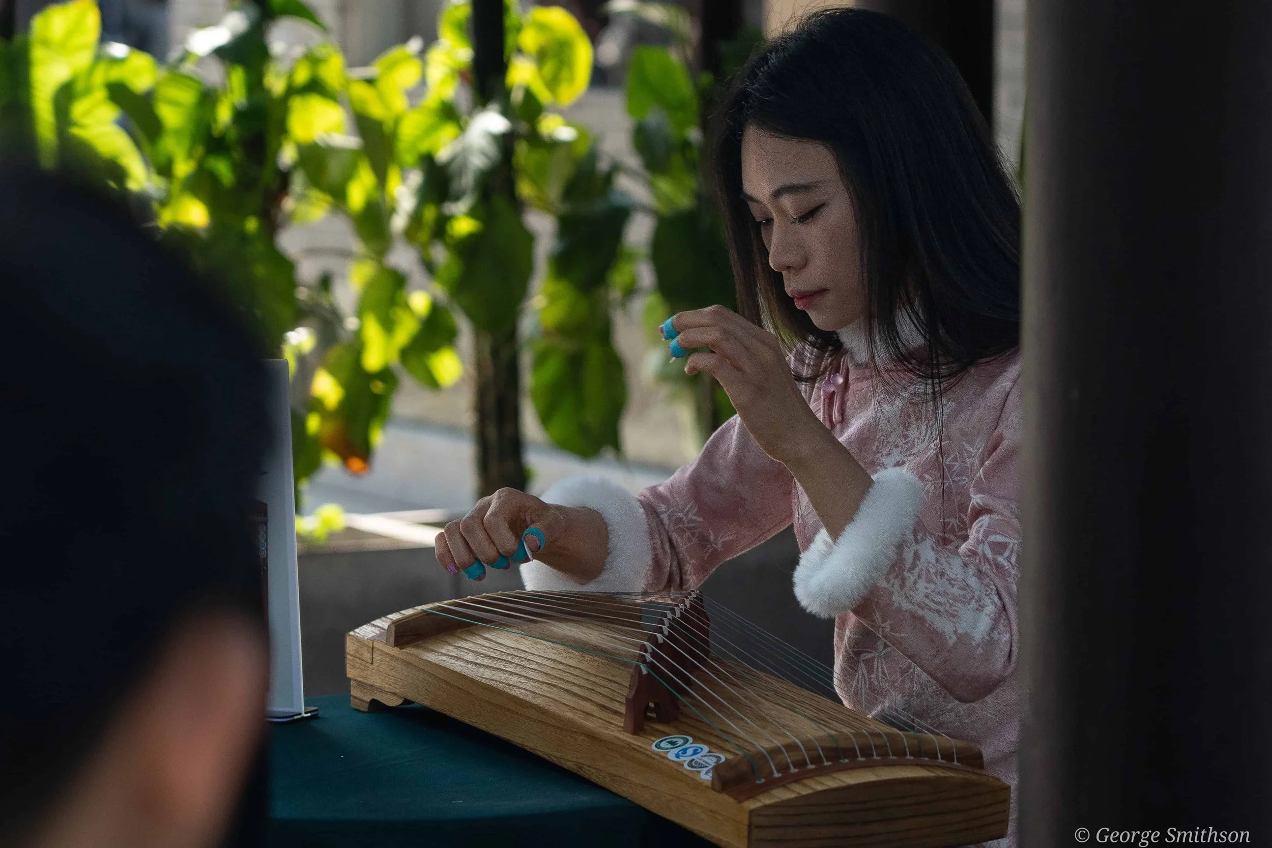 In her element playing the Guzheng in a busy park. Guangzhou, China. 