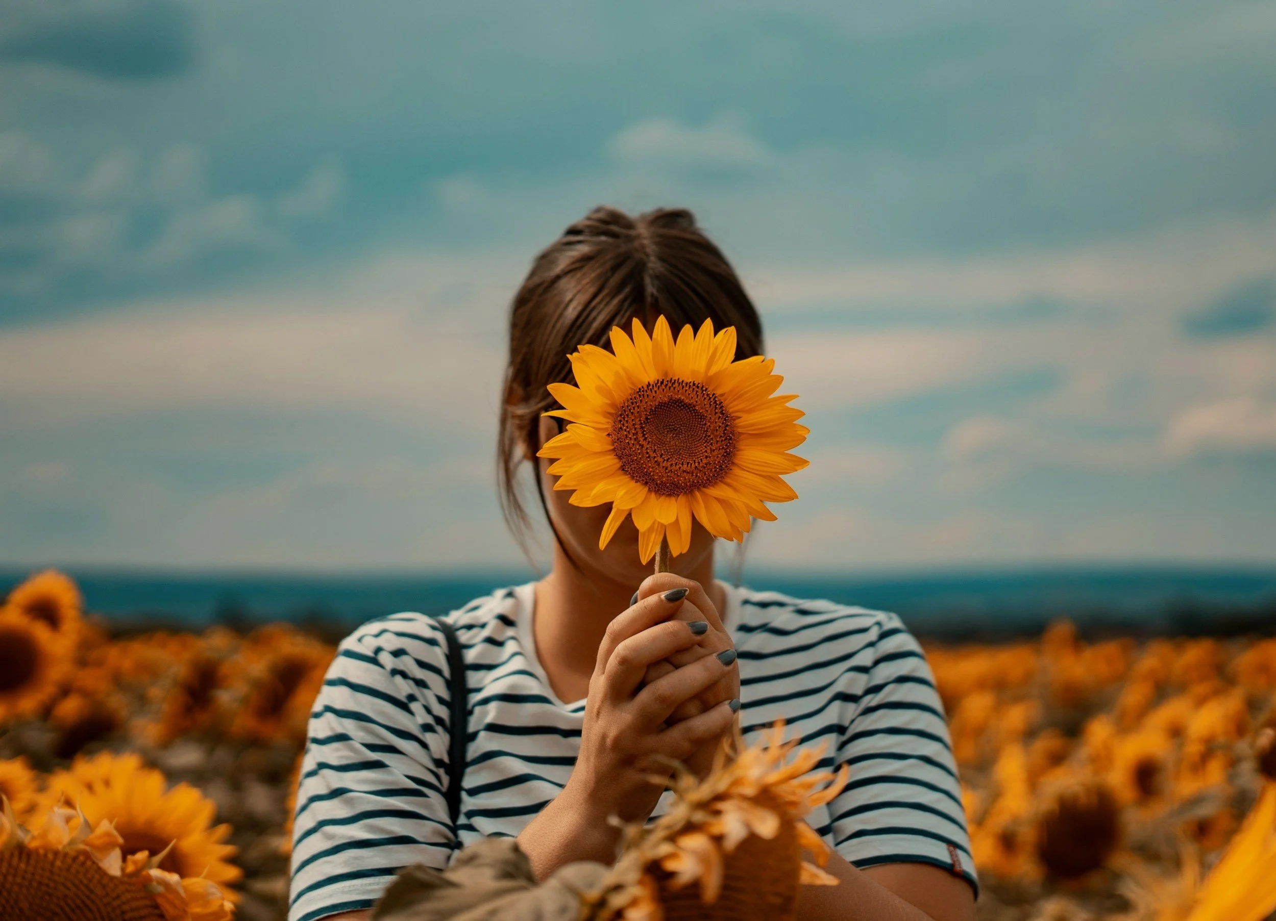 A person with brown hair holding a sunflower in front of their face, standing in a field of sunflowers under a cloudy sky.