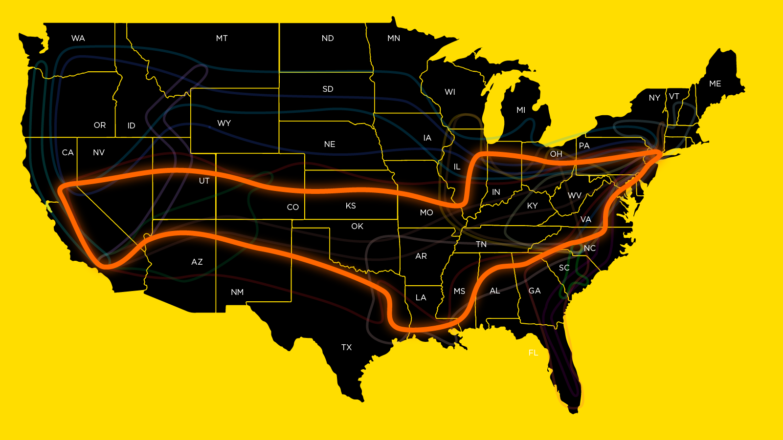 Fine art transport route connecting Los Angeles Chicago and New York