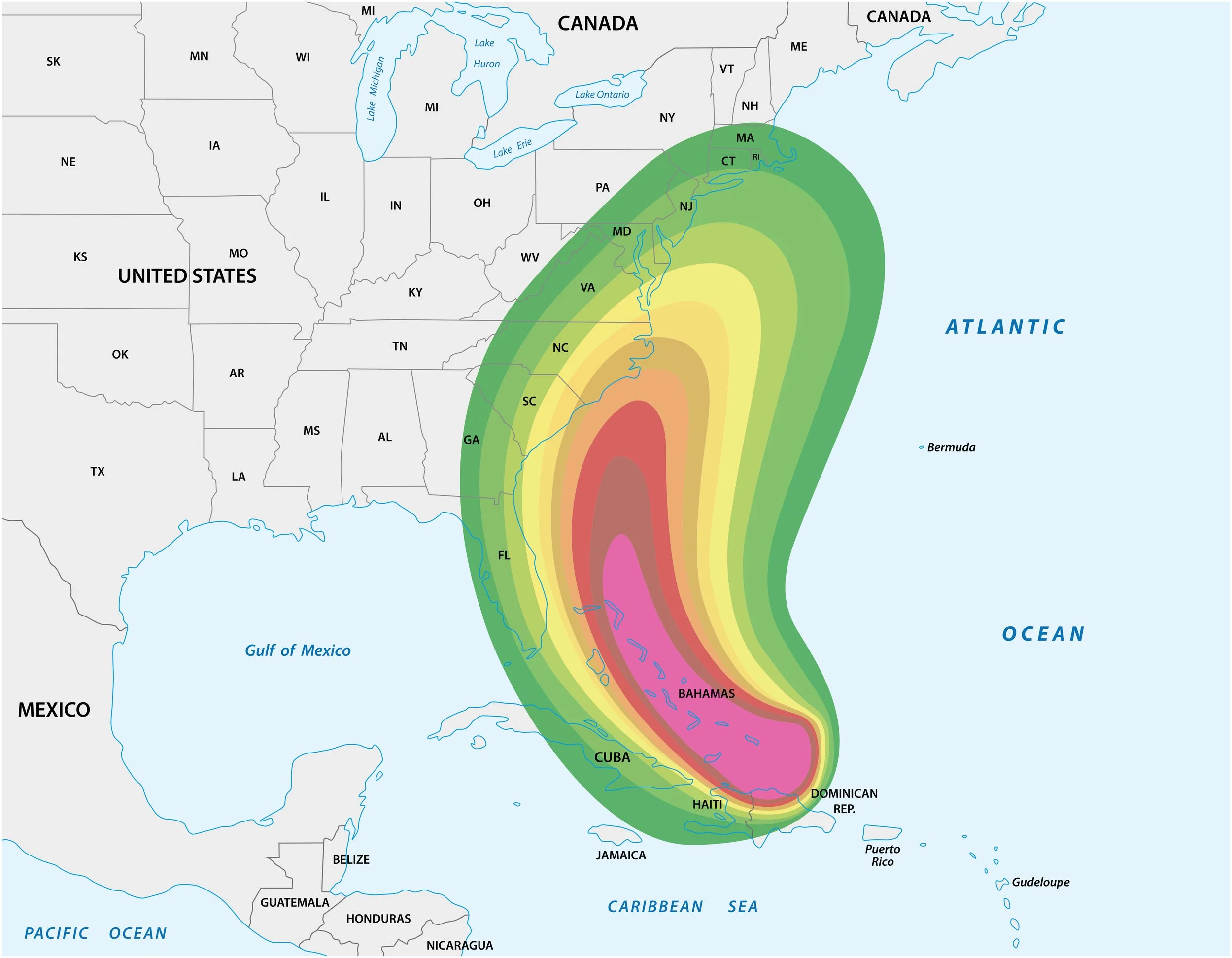 A hurricane warning cone over the southeastern coastline of the United States, indicating a storm approaching from the Atlantic Ocean, with color-coded intensity zones from green to pink, surrounding locations like Cuba, Bahamas, and the Florida coast.