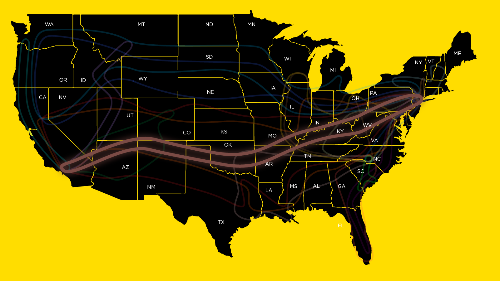 Cross country fine art shipping route connecting New York and Los Angeles