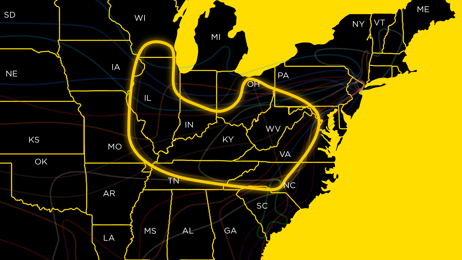 Fine art shipping route connecting Chicago St Louis Nashville and Southeast