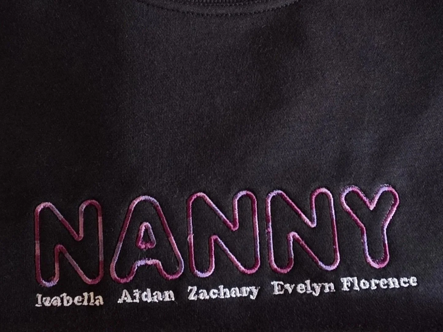Embroidery of the word 'NANNY' in a two tone purple thread on black fabric with the names Isabella, Aidan, Zachary, Evelyn, Florence below.