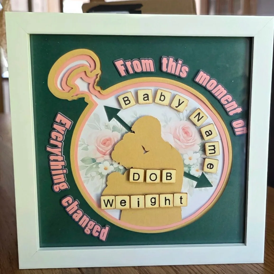 Layered paper cut picture of a Pocket box cut out, with a couple holding new baby.  Clock hands placed at time of birth, Babys name, weight and Date of birth in scrabble tiles.