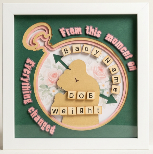 A decorative shadow box with a pink and gold pocket watch. The text says 'From this moment on everything changed' in pink letters. Inside the box, there is a silhouette of a baby  with blocks for 'D O B' and 'weight', indicating a birth announcement.