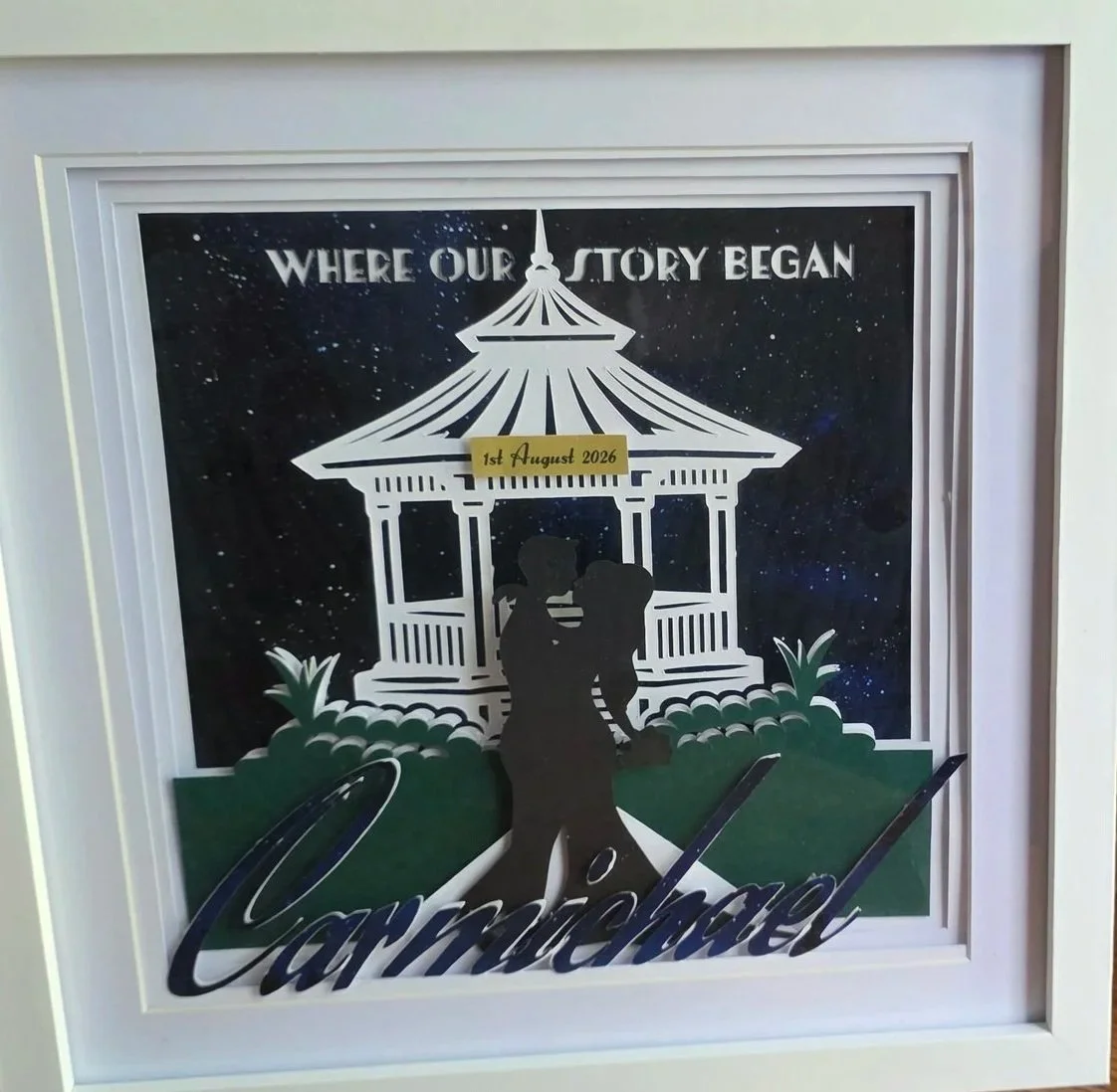 Paper cut layered picture of a wedding venue and a silhouette of a loving couple standing in front. With their surname in front. The tag ling in the sky, "Where our story began"