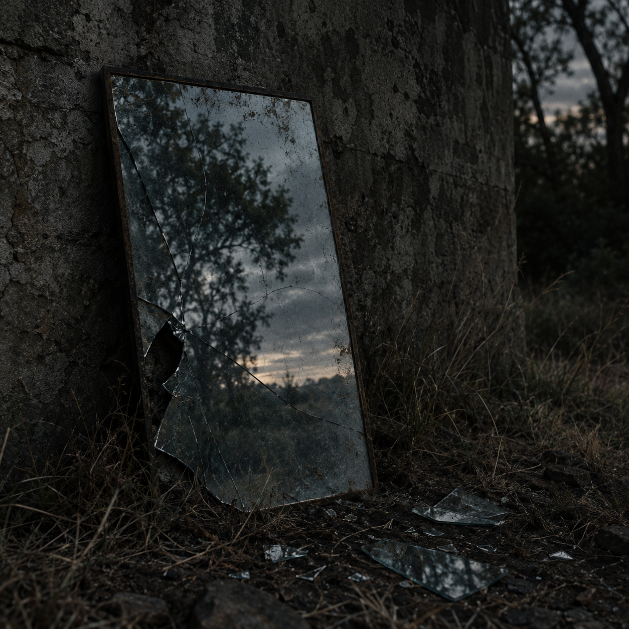 A cracked mirror leaning against a weathered concrete wall outdoors, reflecting trees and sky, with broken glass scattered on the dark earth below