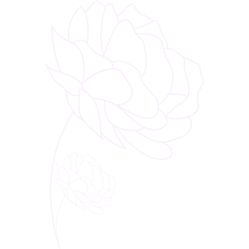 Outline drawing of a large rose and a smaller rose on a single stem against a black background.