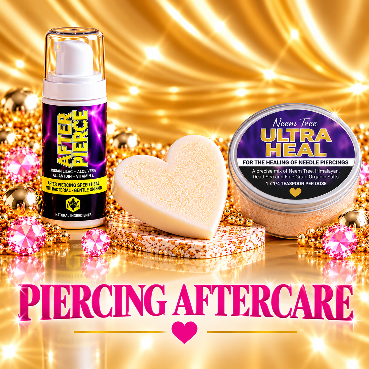 Beauty products for piercing aftercare, including spray, cream, and soap, displayed on a gold background with decorative beads and the text 'Piercing Aftercare' in pink.
