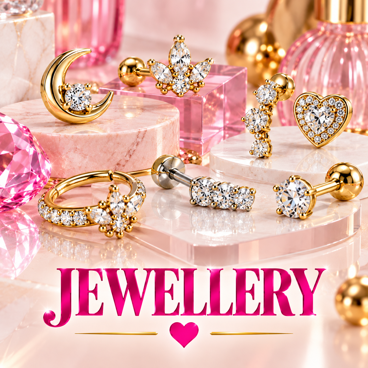 A collection of gold and silver jewelry with sparkling gemstones, including rings, earrings, and a nose stud, displayed on pink and white marble platforms with pink and gold decorative accents and a pink gemstone in the foreground. The word "Jewellery" is written in bold pink letters at the bottom with a small heart underneath.